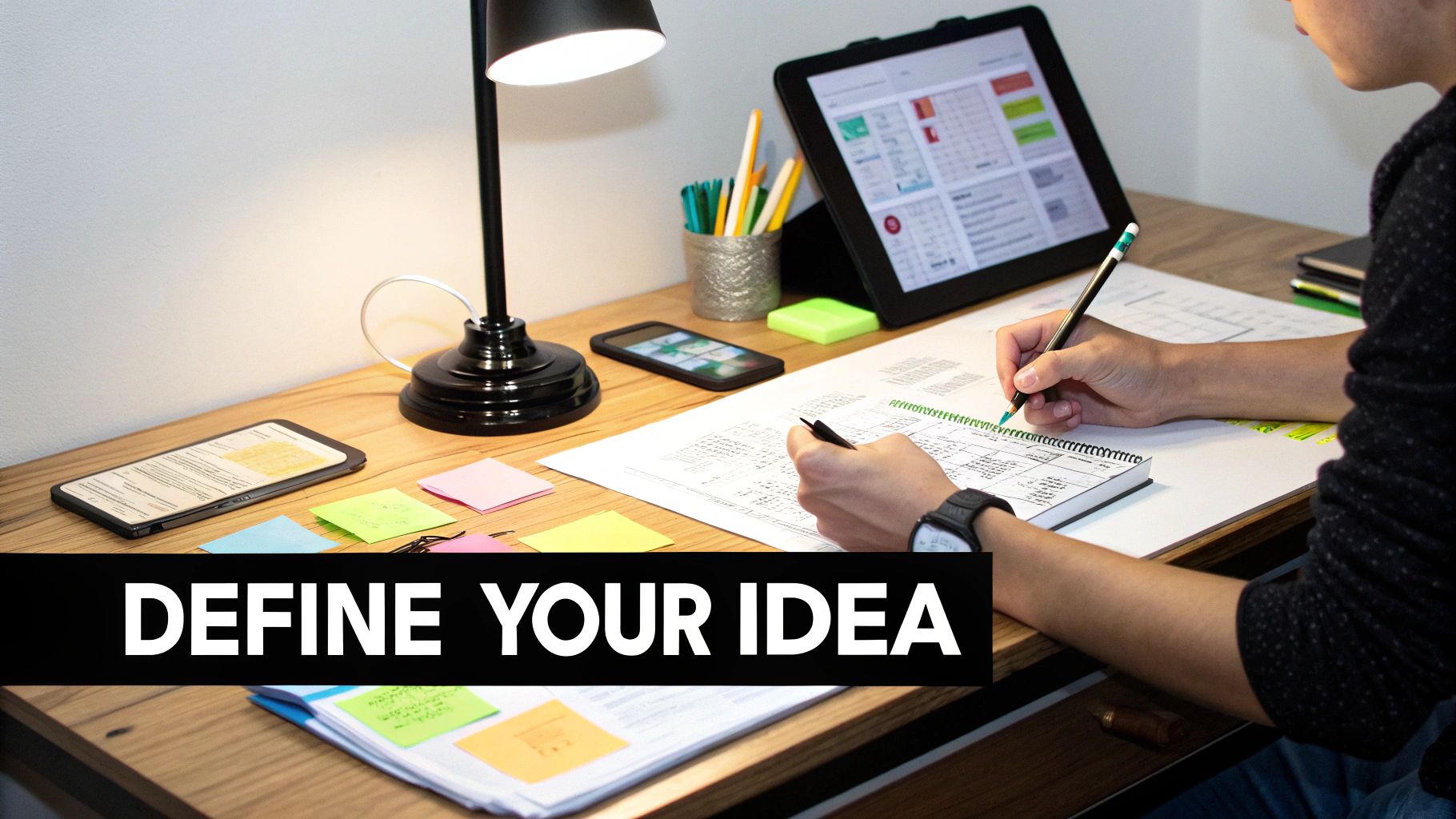 A person brainstorming an app idea on a whiteboard, sketching out features and user flows