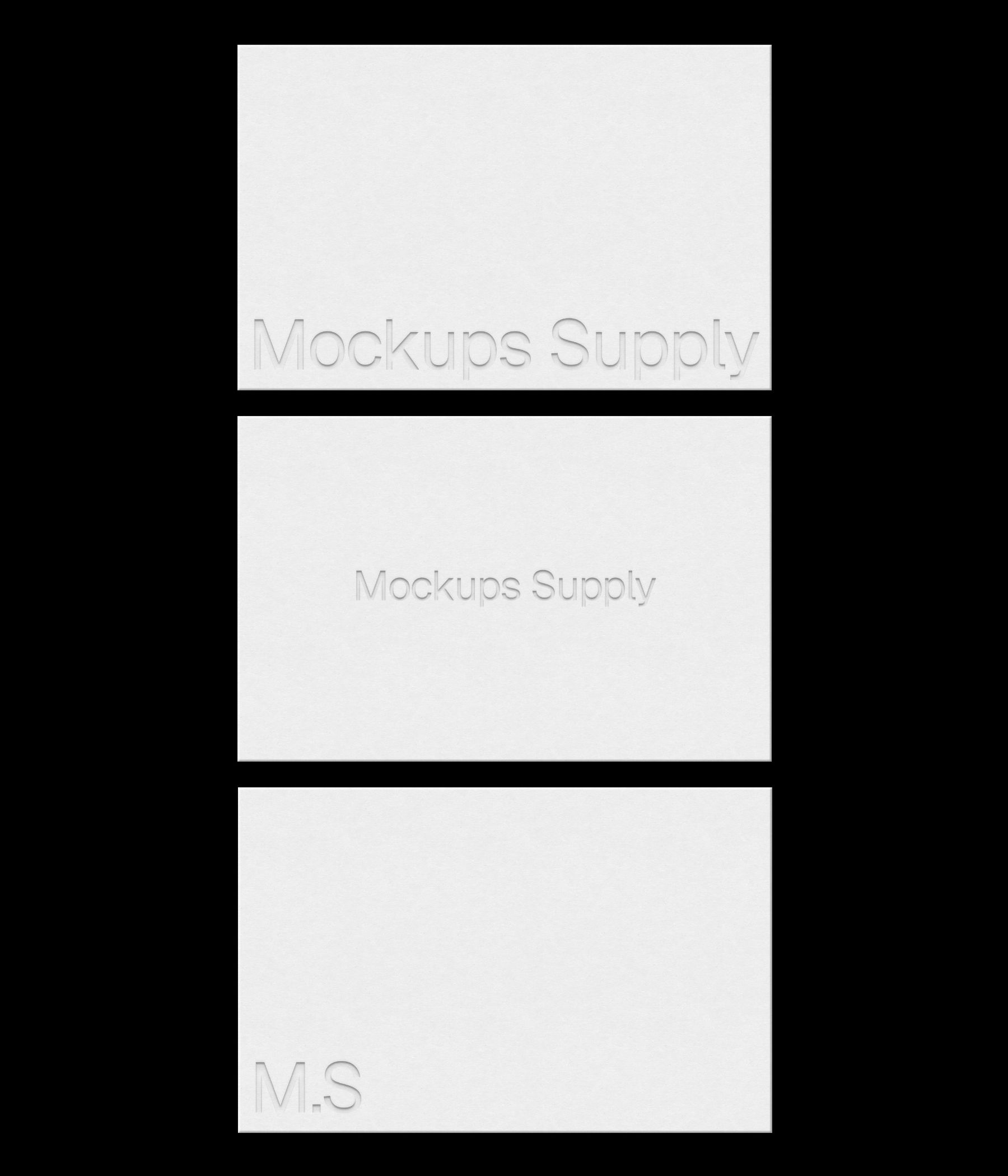 3 European business cards mockup landscape in column for Photoshop with debossed text effect, white cards on black background, minimal branding and stationery presentation