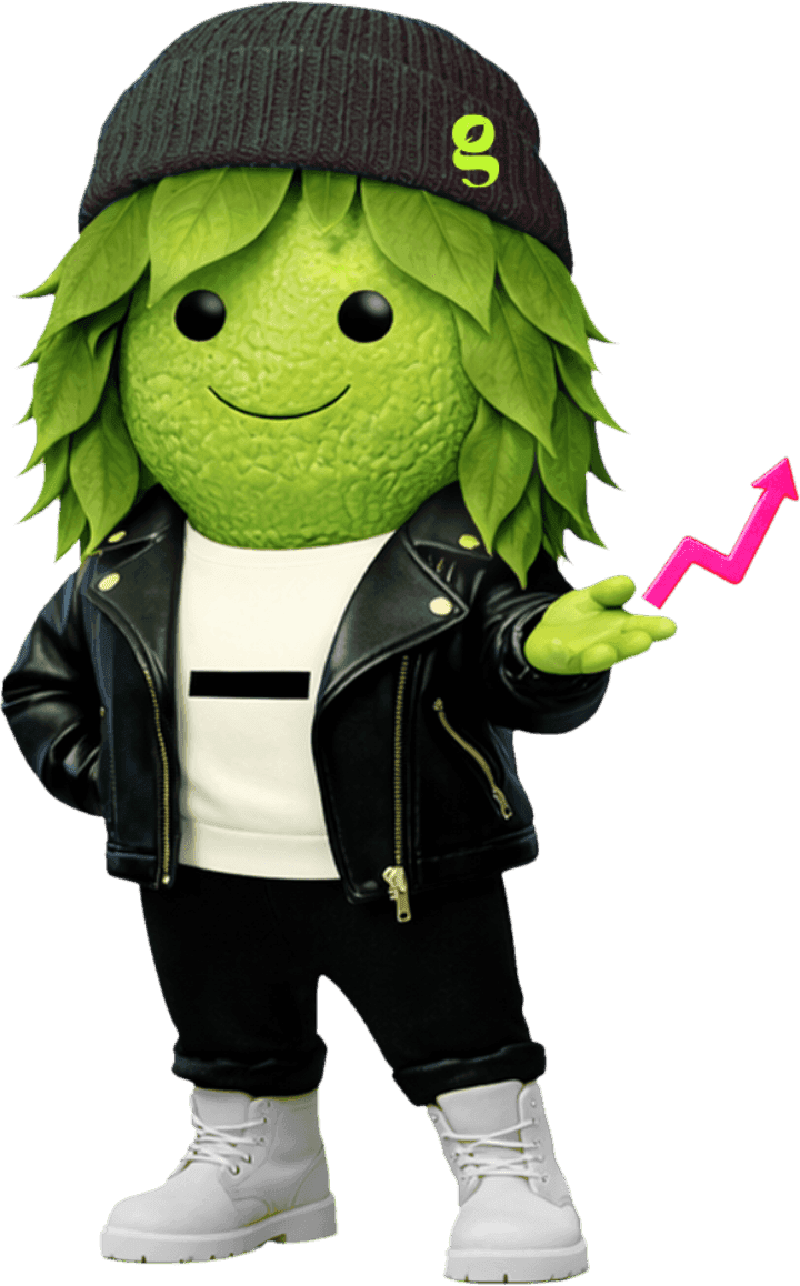 Guava charcter holding upward arrow chart