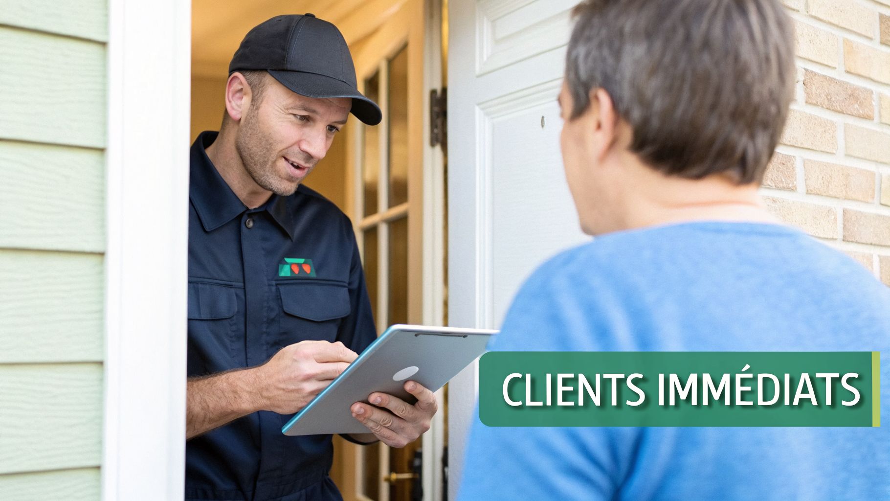 Un technicien de service en uniforme avec une casquette et une tablette discute avec un client à la porte d'une maison.