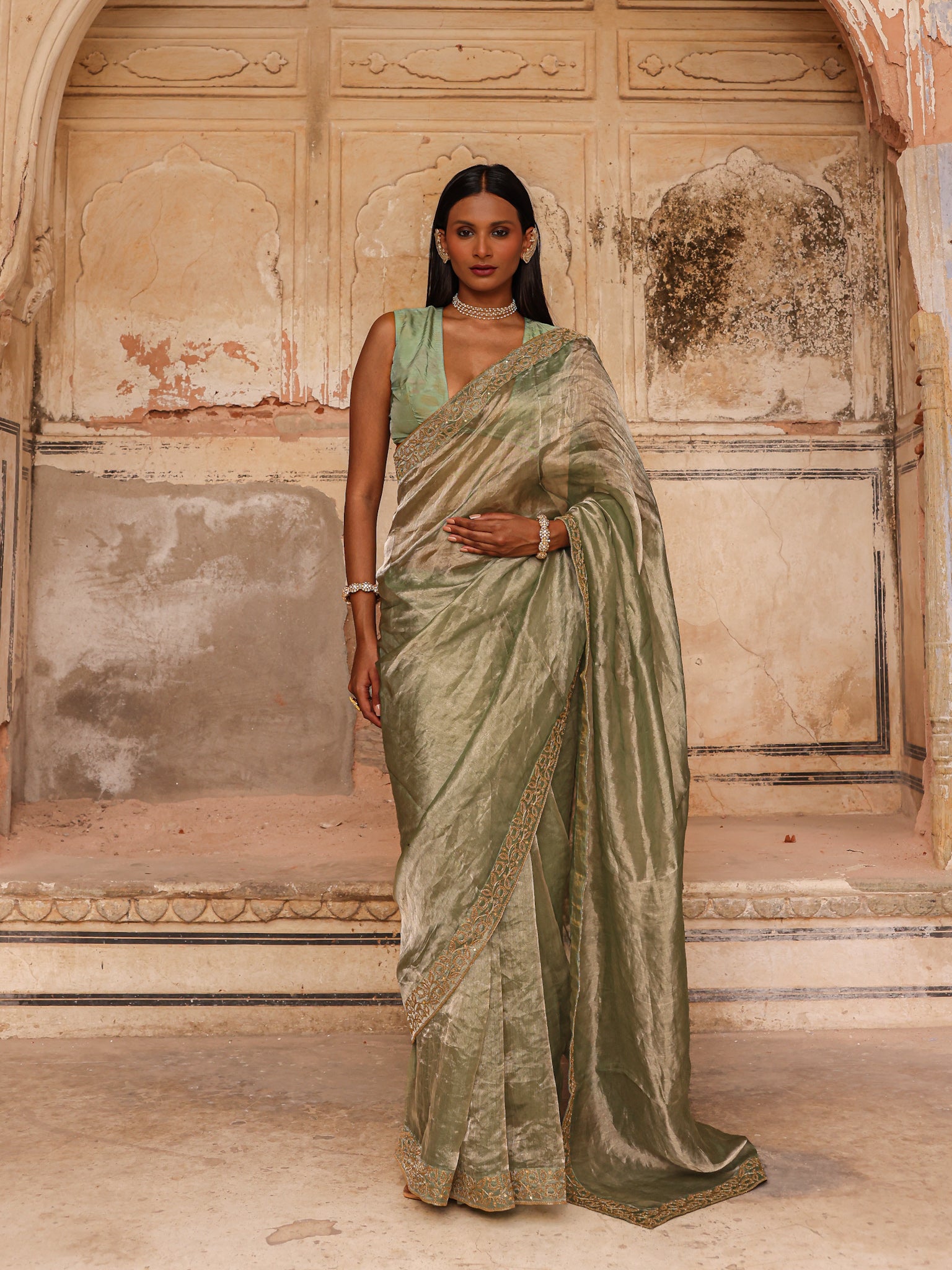 ALINA sage green tissue dori work saree set by Charu Makkar, ₹42,900