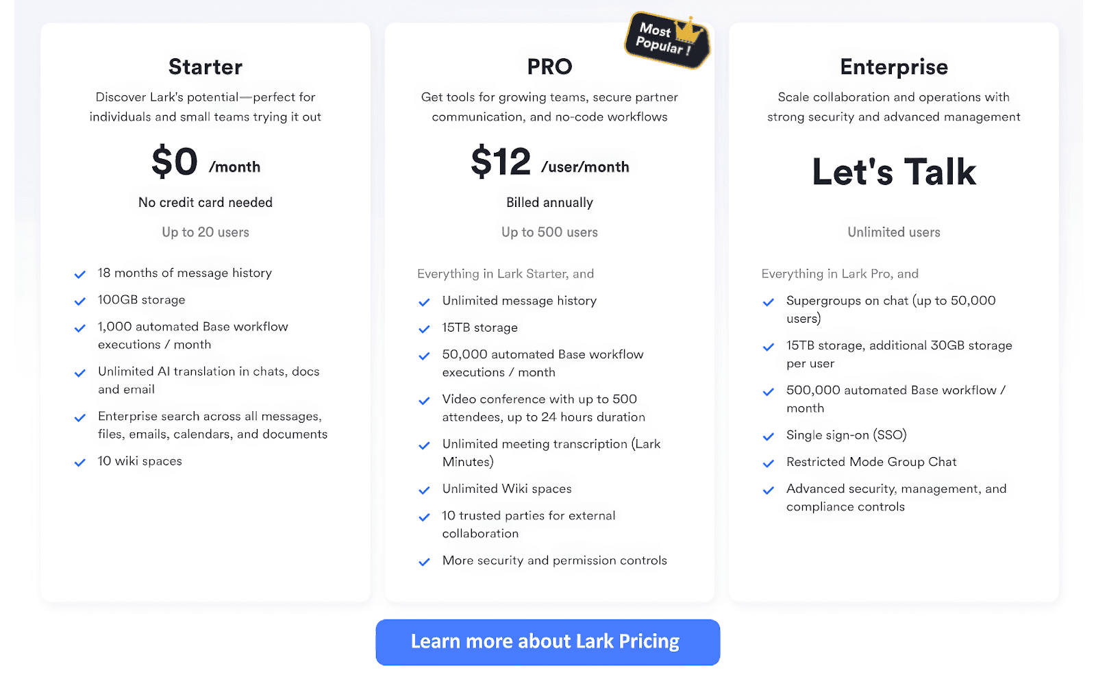 Lark's Starter, Pro and Enterprise pricing plans