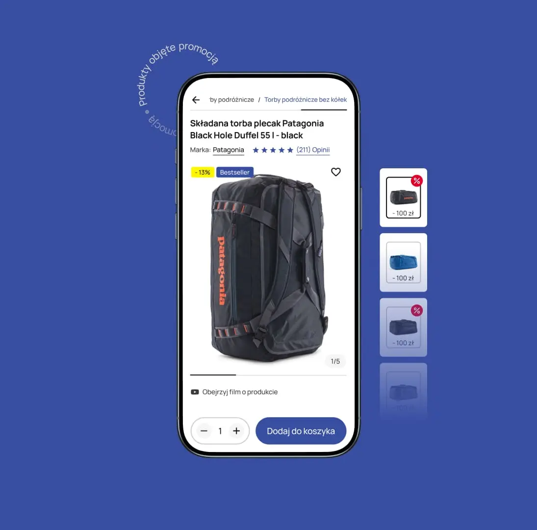 Product page interface for a Patagonia duffel bag on a mobile device, showing pricing, discount labels, and alternative color thumbnails.