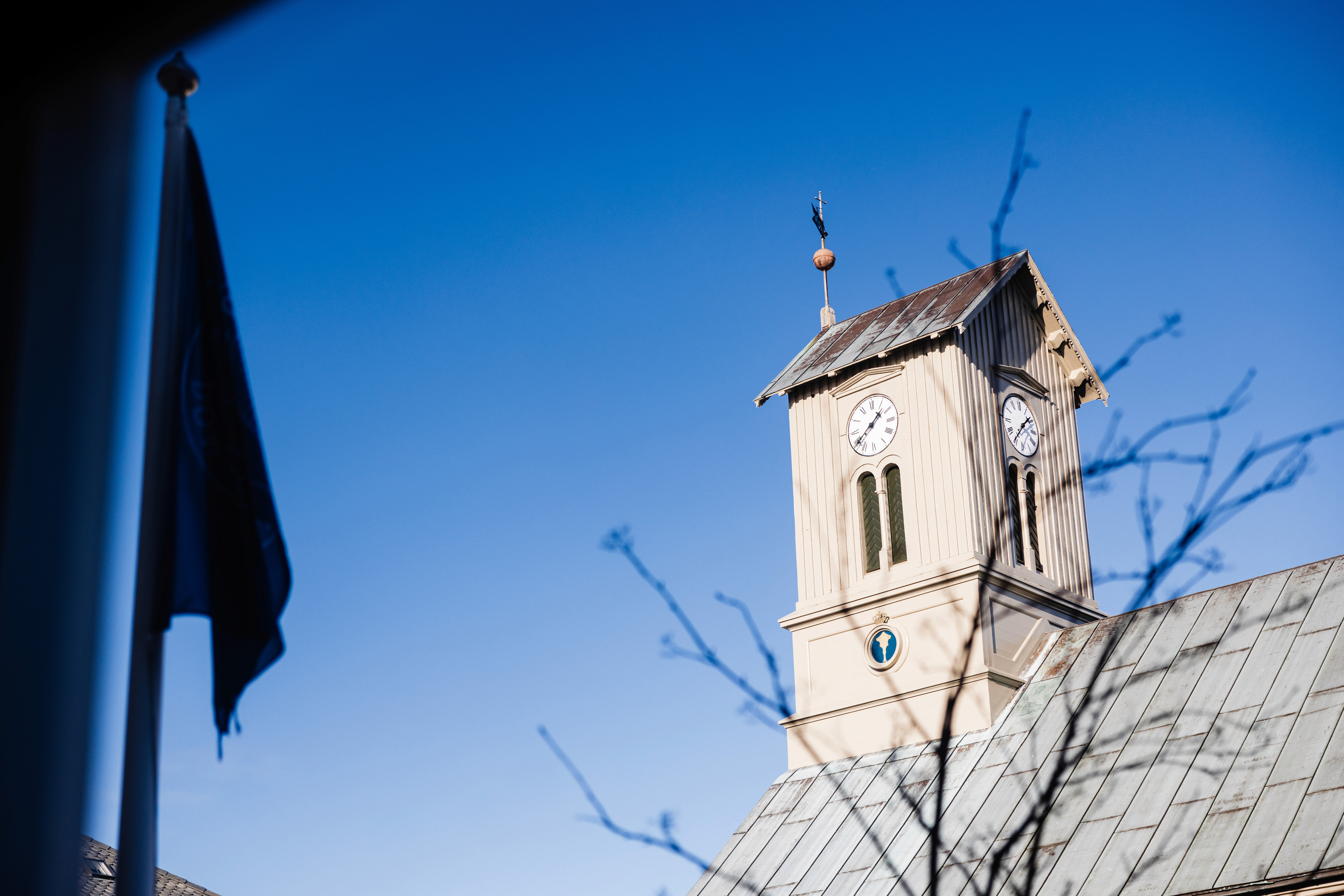 Dómkirkjan clock tower viewed from Kvosin Hotel in the historic center of Reykjavík.