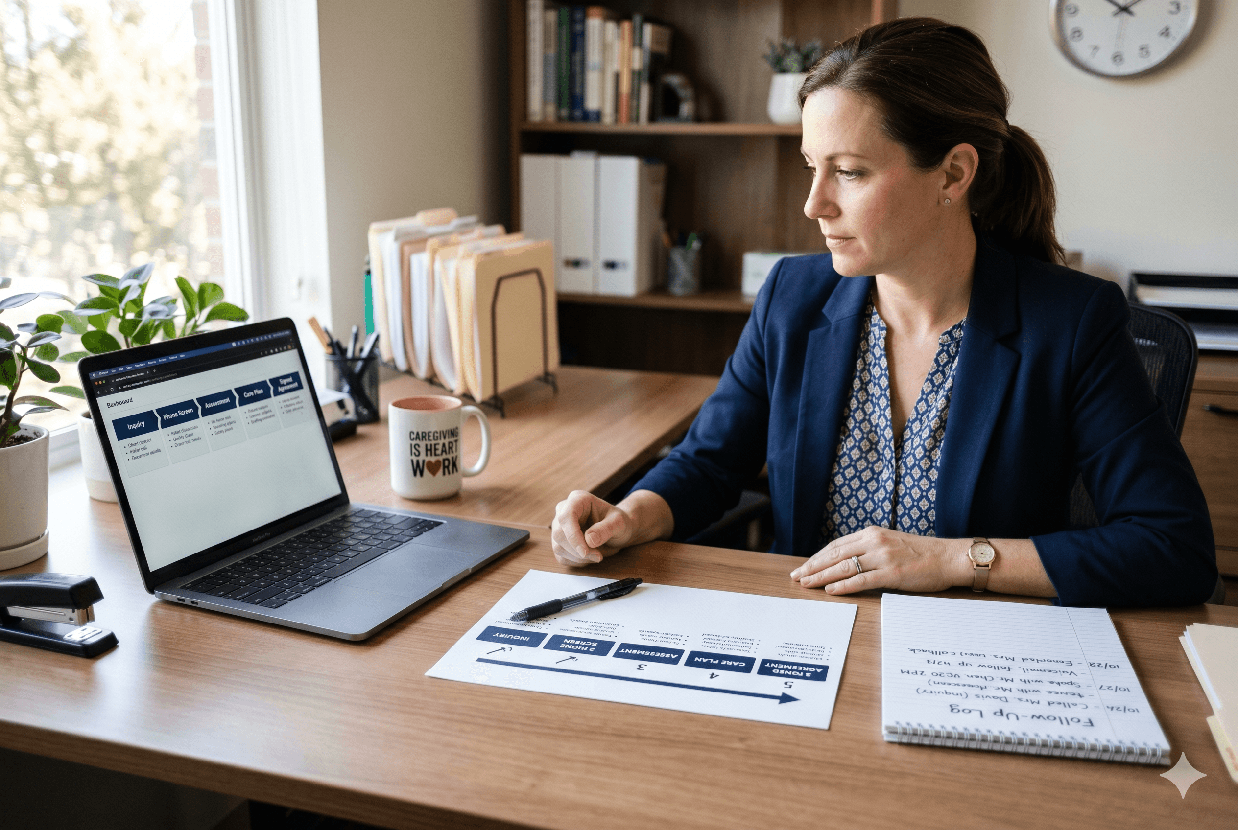 A woman in a blue blazer sits at a wooden desk by a window, looking at a laptop. The screen shows a business workflow dashboard. In front of her is a printed flowchart, and to her right is a notepad. The room has natural light and a bookshelf.
