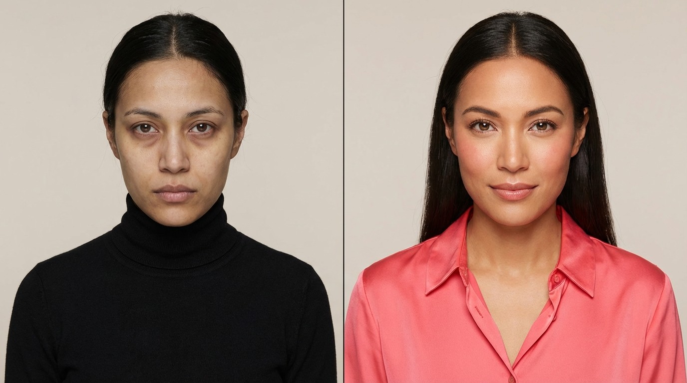 Efekt analizy kolorystycznej - porównanie twarzy w dobrych i złych kolorach