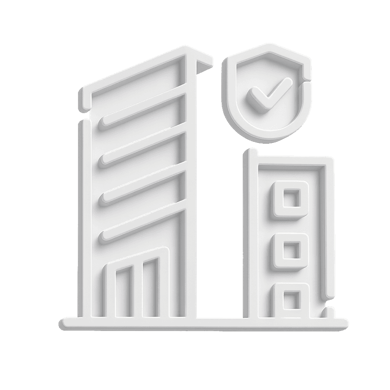 Icono de edificio con escudo que representa la seguridad y el cumplimiento normativo.