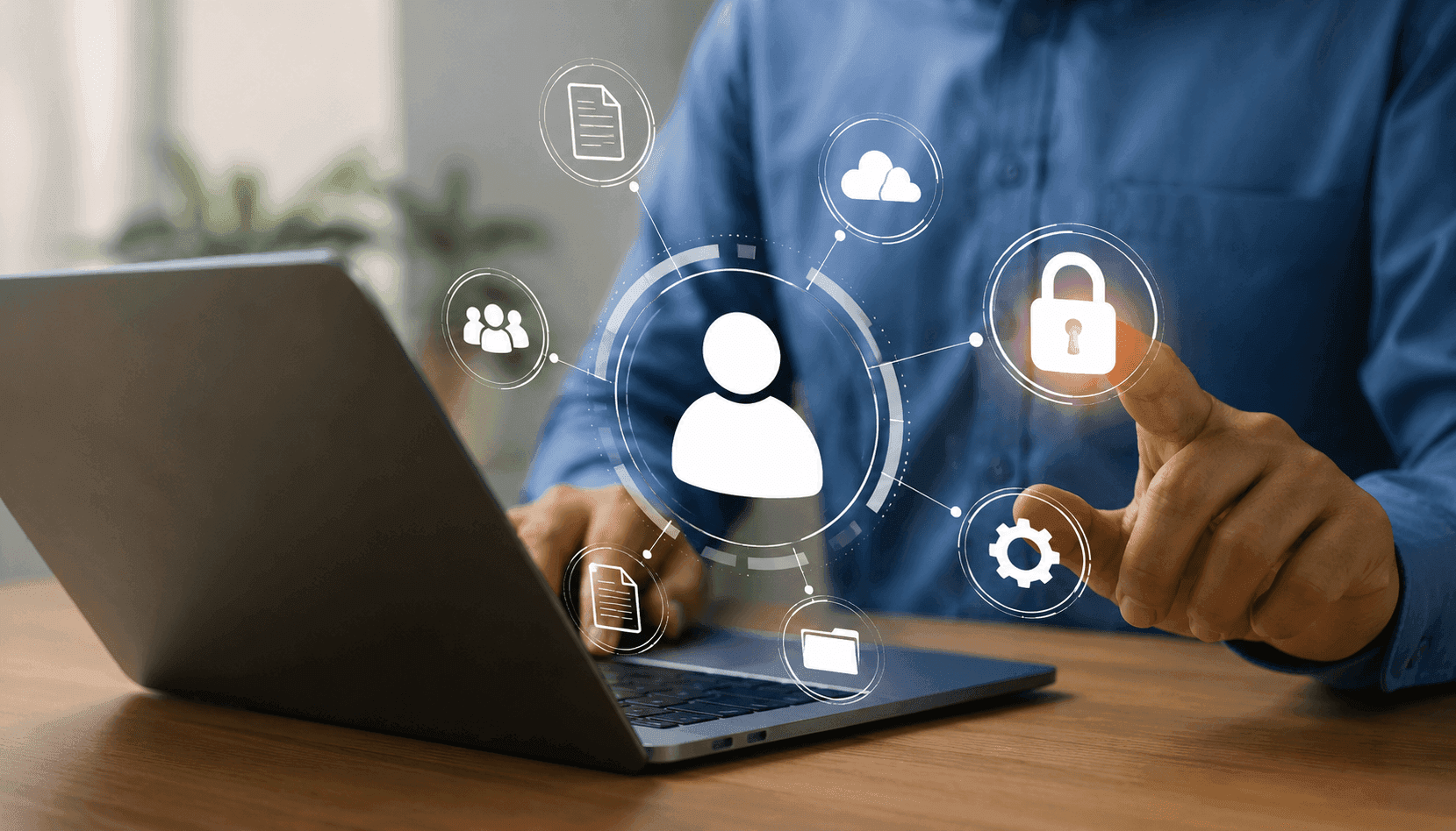 User provisioning and SSO concept with secure digital access controls on a laptop interface.
