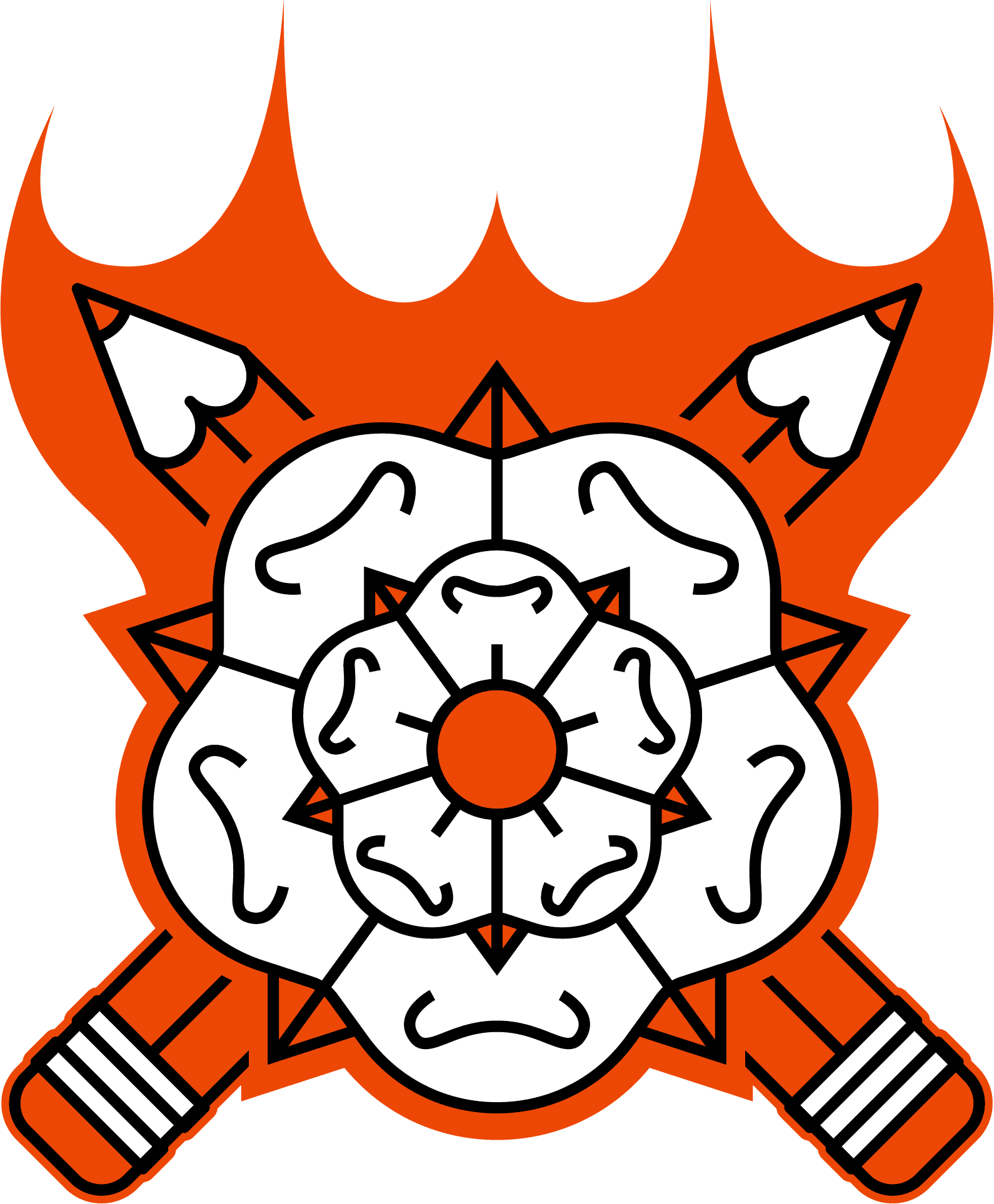 Yorkshire rose illustrated with pencils and flames symbolizing creative fearlessness.