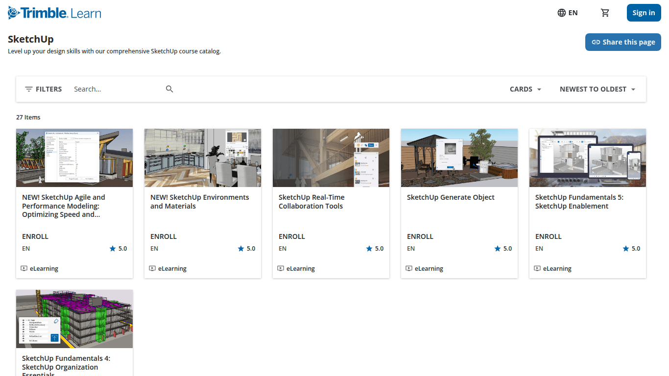 Trimble Learn catalog of free SketchUp courses for modeling, materials, collaboration, and organization.