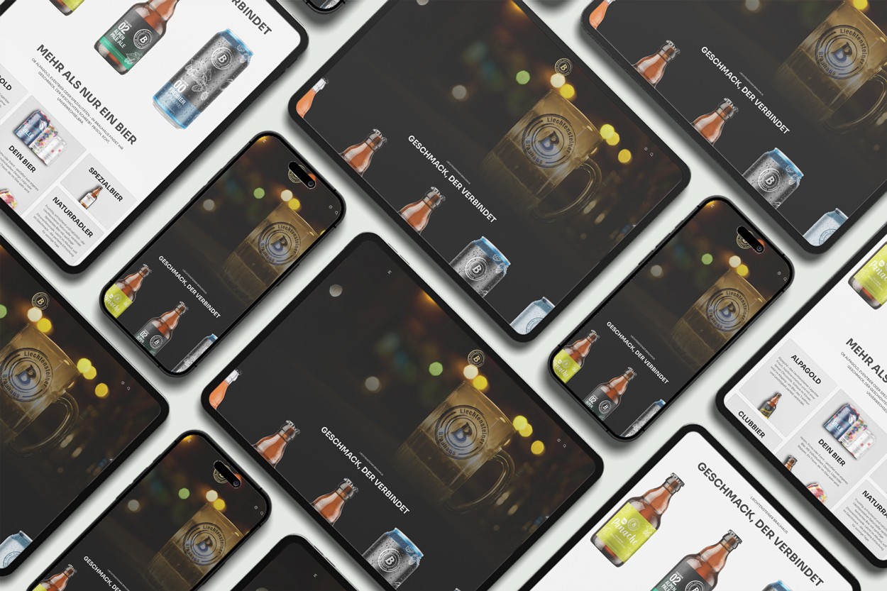 Mockup der neuen Liechtensteiner Brauhaus Website auf verschiedenen Geräten – Smartphones und Tablets zeigen das moderne, responsive Design mit Bierprodukten und dem Slogan ‚Geschmack, der verbindet‘