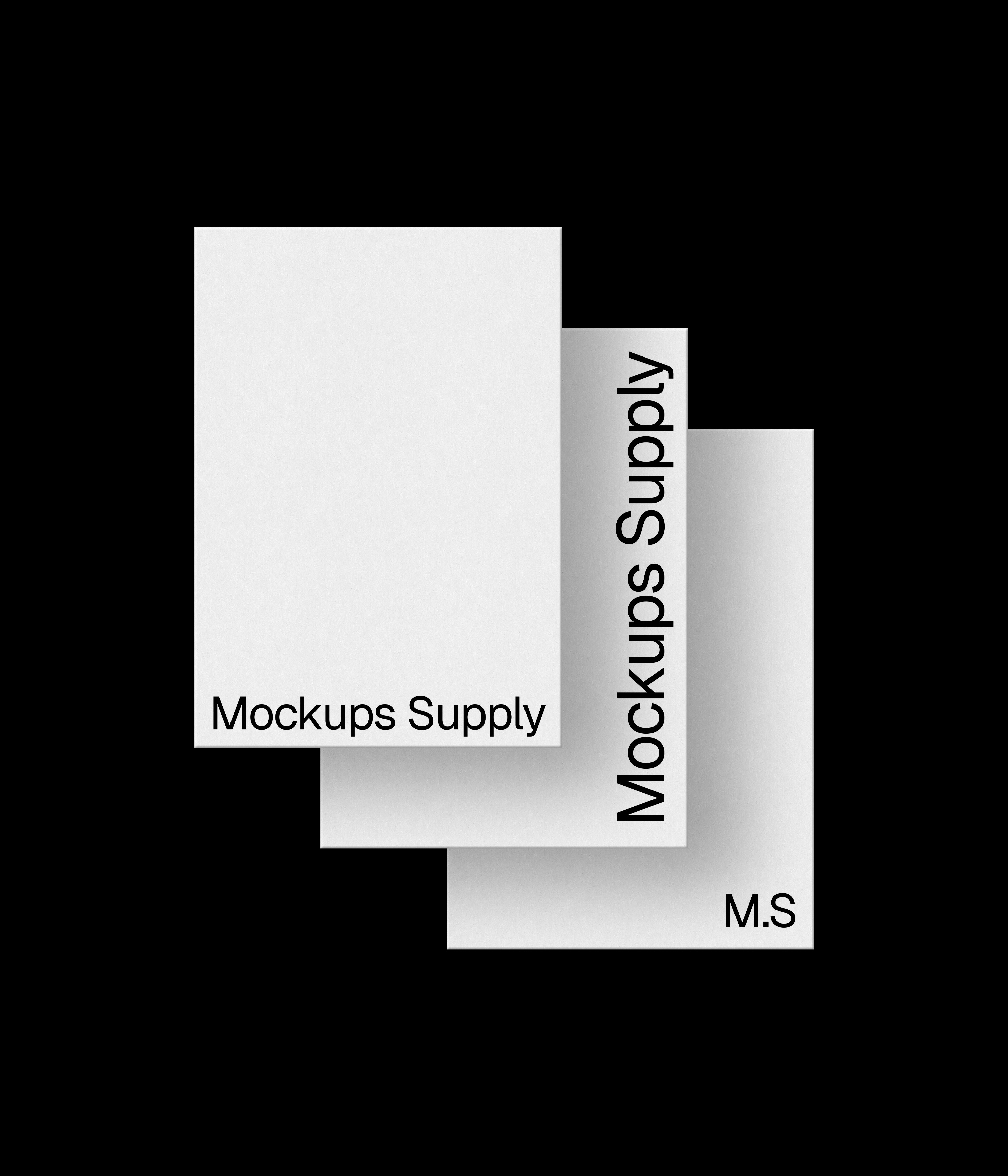 3 A5 paper mockup portrait for Photoshop with debossed text effect, white papers on black background, clean minimal stationery and print branding mockup