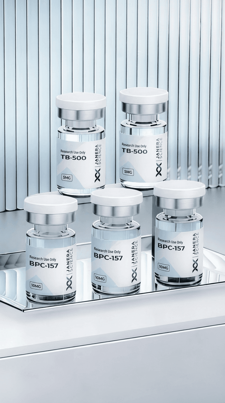 Five Janera Science research peptide vials — two TB-500 5mg and three BPC-157 10mg — arranged on a mirrored stainless steel tray against a silver ridged laboratory background. For research use only.