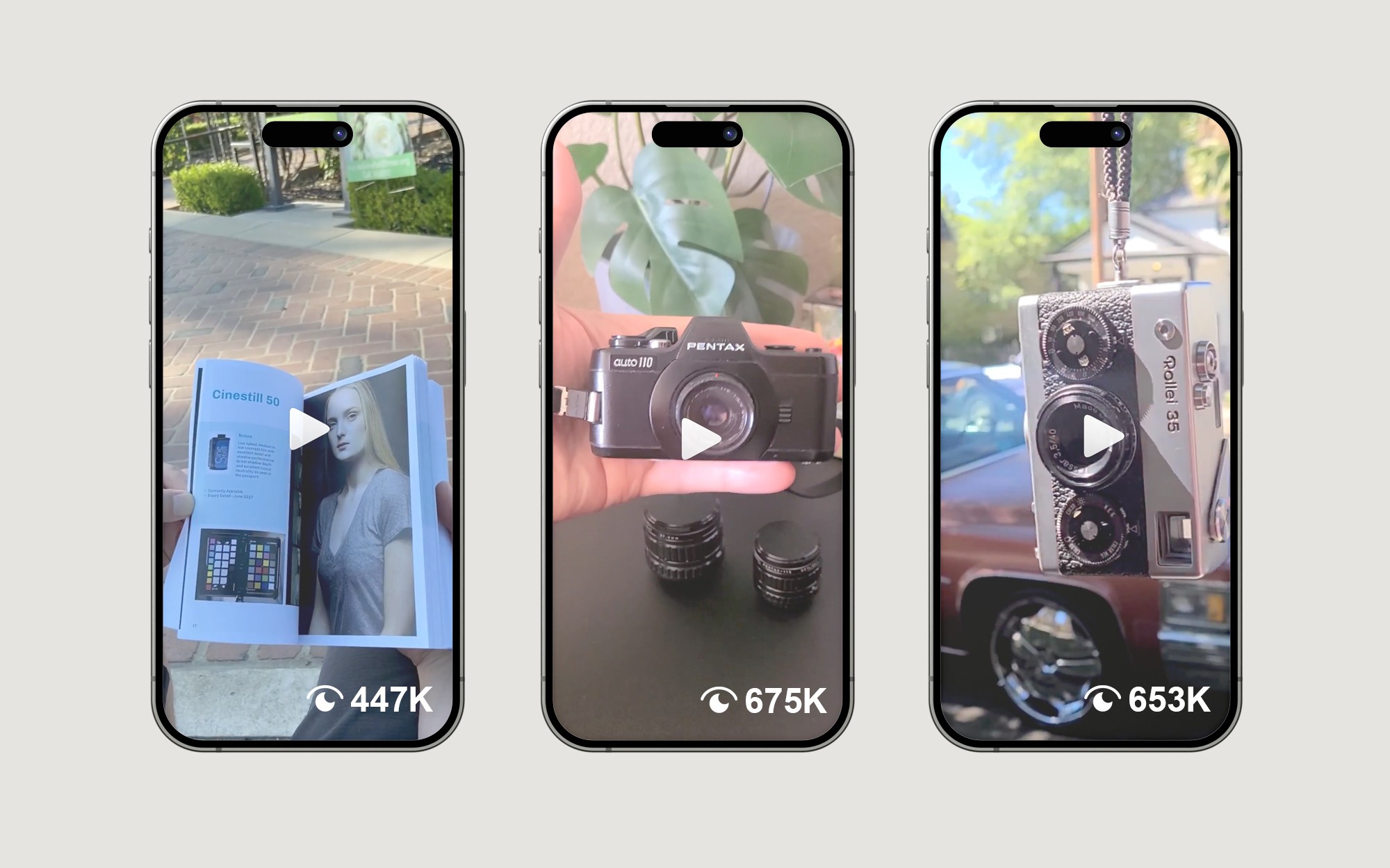 3 screens showcasing counters with hundreds of thousands of video views from JPG Journal Instagram account.