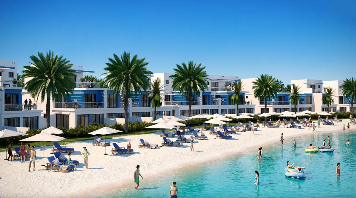 Visual representation of the beach at Santorini DAMAC Lagoons, highlighting fun water features against a marina view.