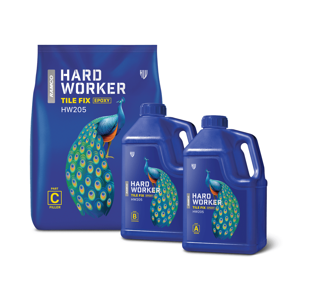 Hard Worker Epoxy Tile Adhesive for fixing of large format tiles on dry wall, glass, wood and metal.