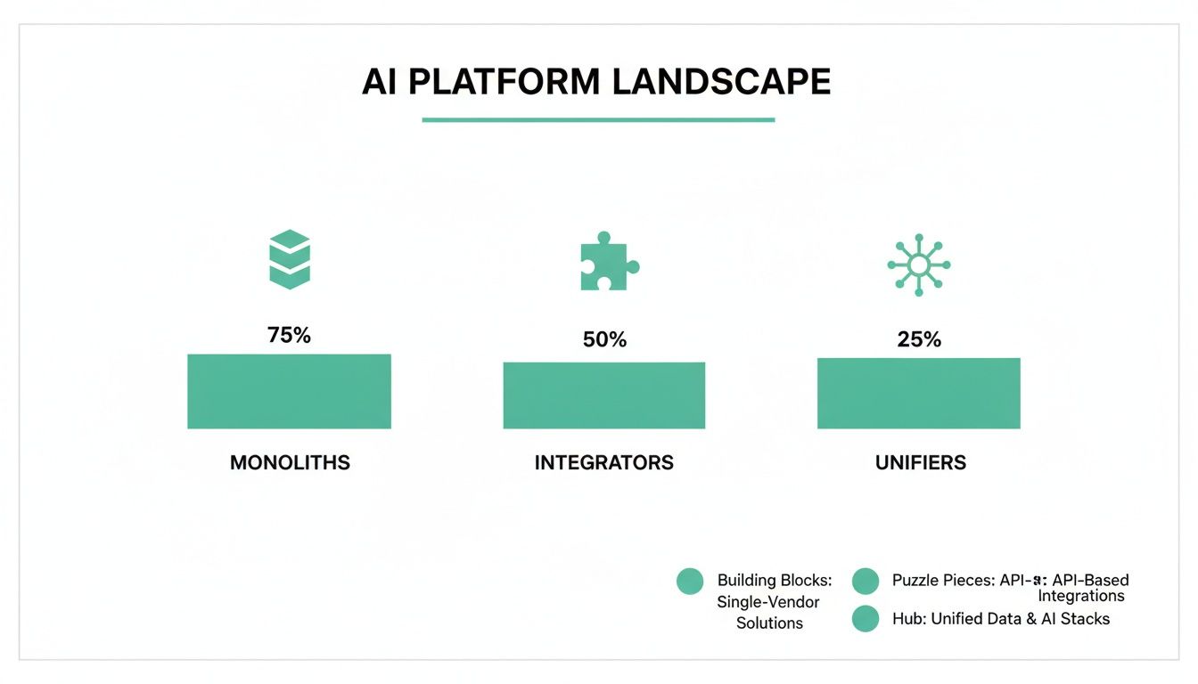 An infographic on the AI platform landscape: Monoliths (75%), Integrators (50%), and Unifiers (25%), showing different solution types.