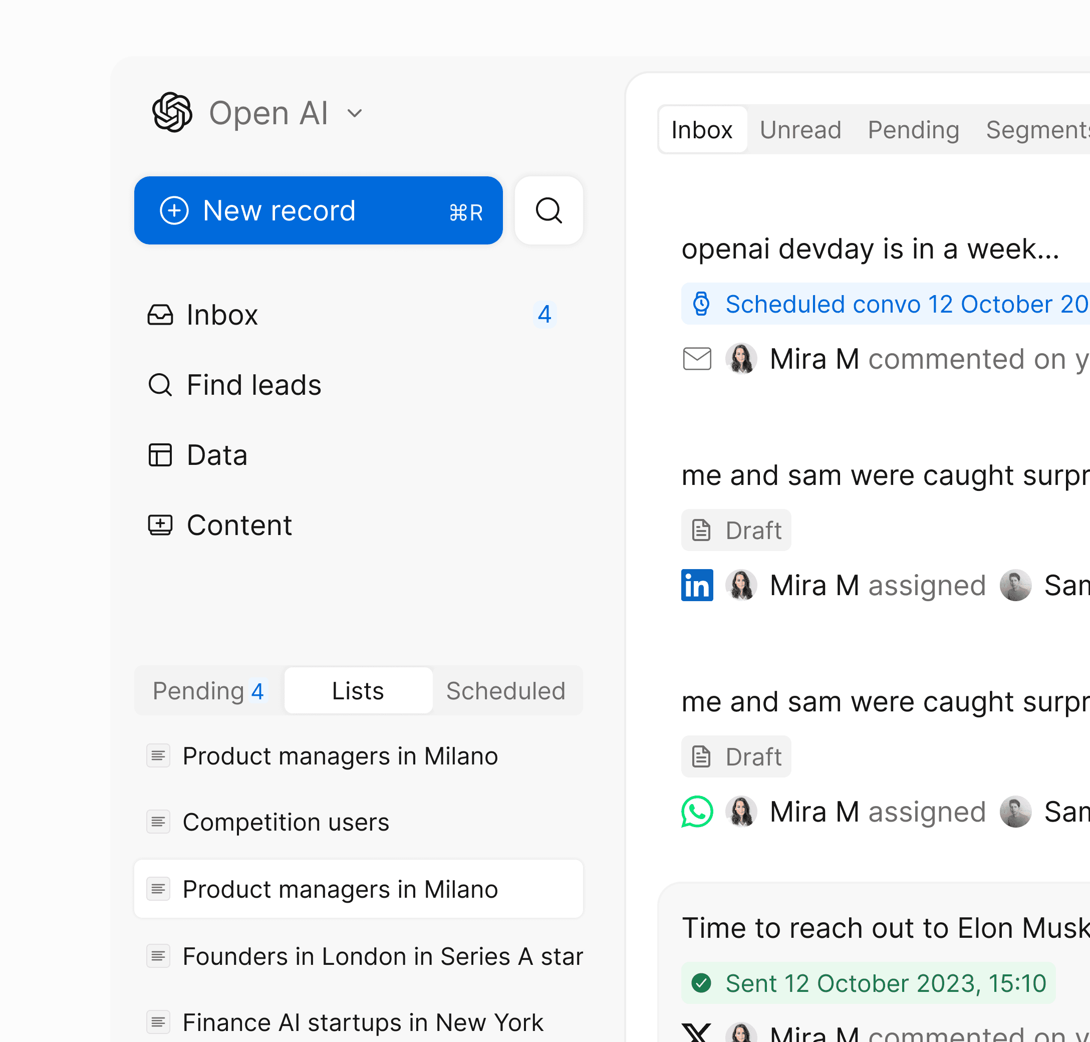 Application sidebar featuring the inboxing feature