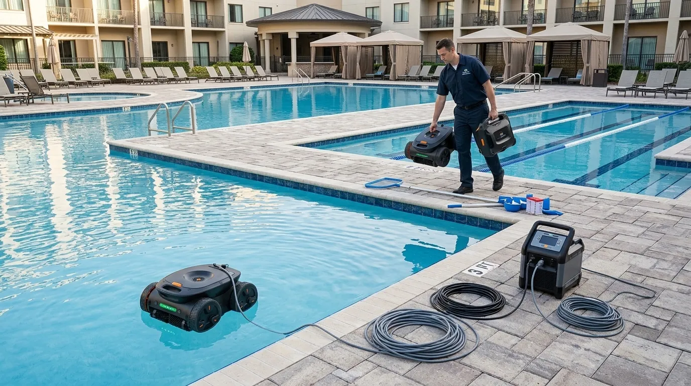 Corded and cordless robotic pool cleaners for commercial pool management