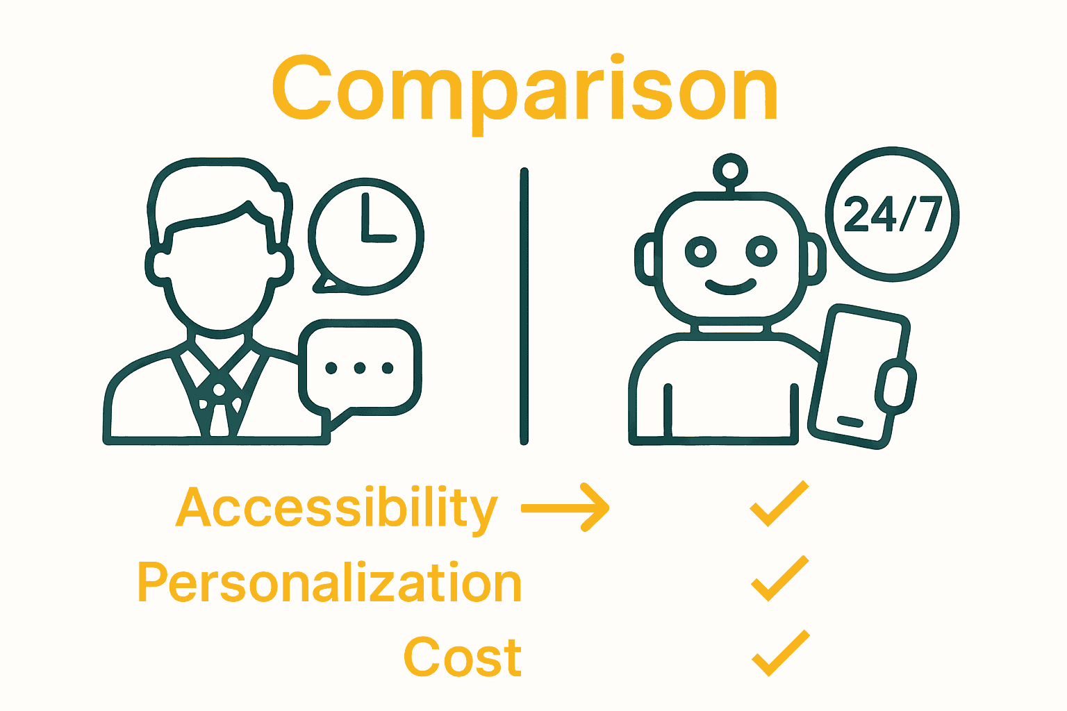 Infographic comparing AI emotional coaches and traditional therapists using icons and key differences