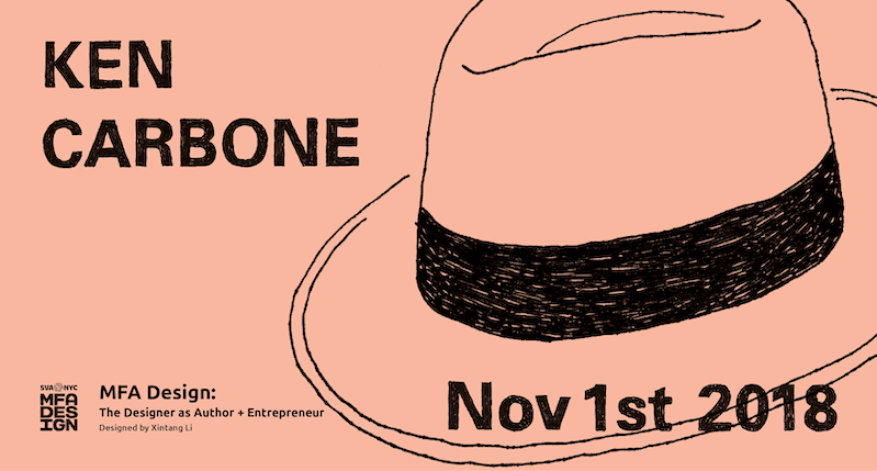 A pink poster with a drawn hat and the text: Ken Carbone.