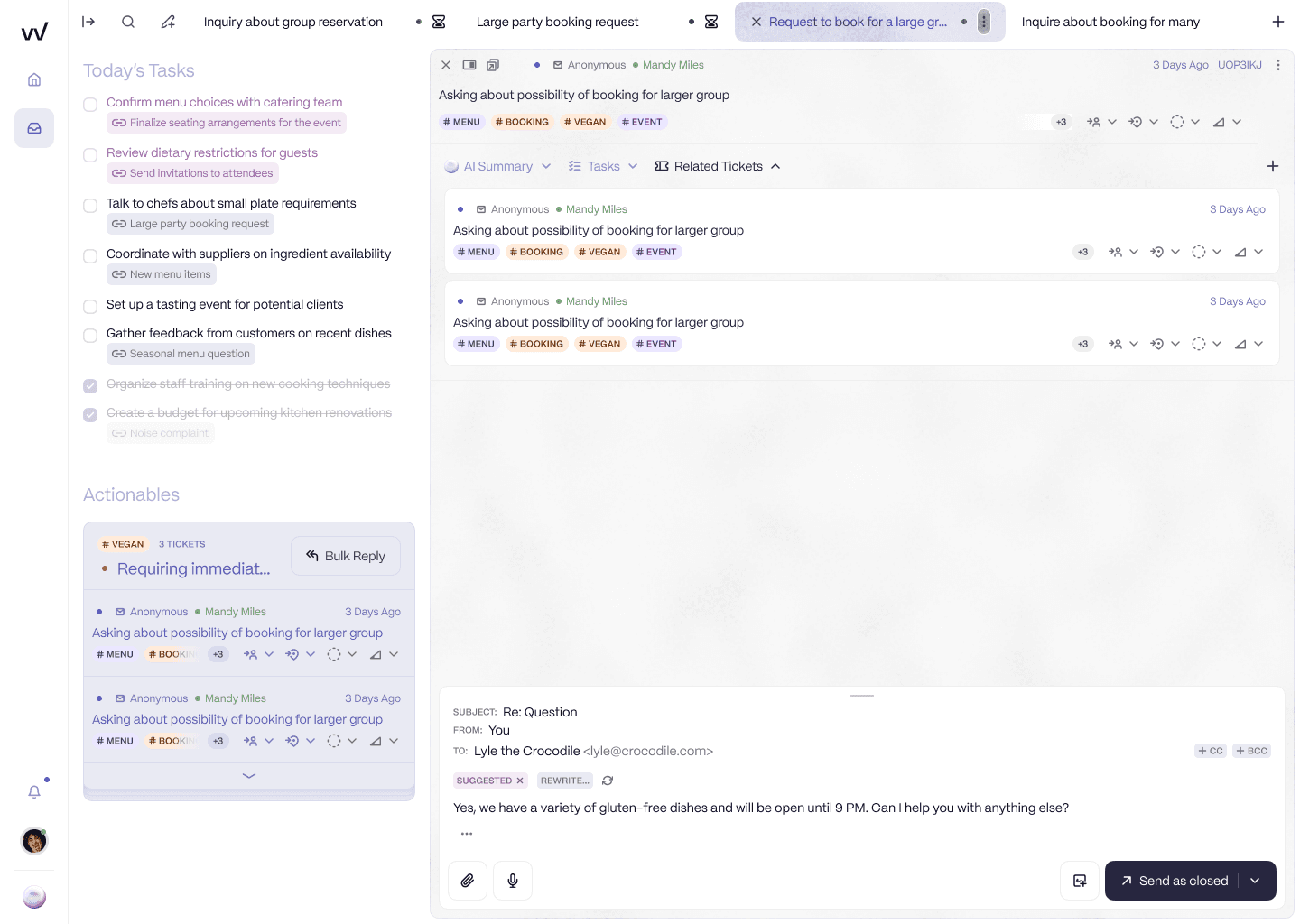 A large party booking request handled inside RevVue's conversation thread. The AI replies in the venue's tone and connects to the booking system, which neither Zendesk nor Freshdesk can do.