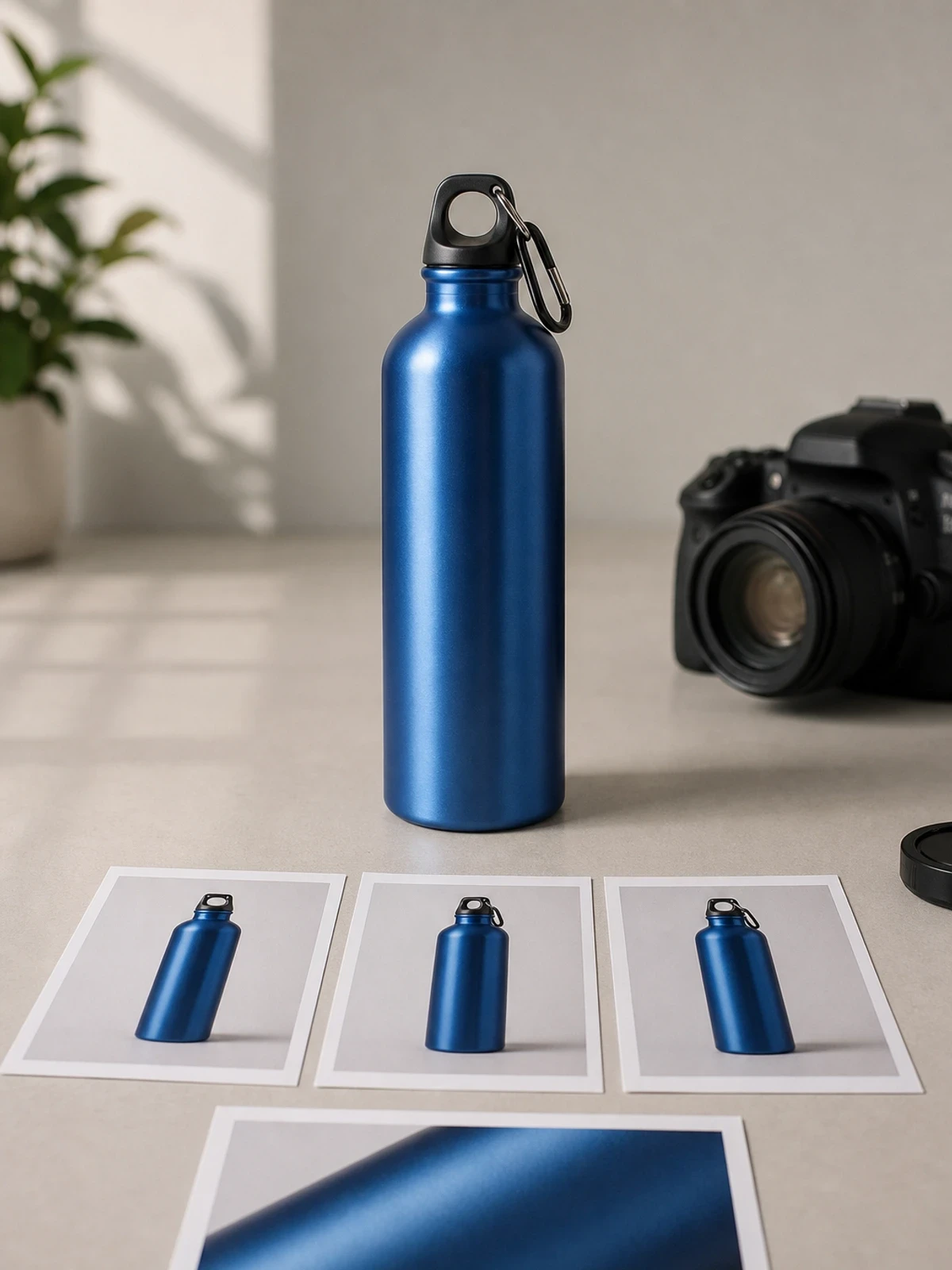 Blue aluminum bottle beside neatly arranged front, side, and detail reference photos in a studio setting