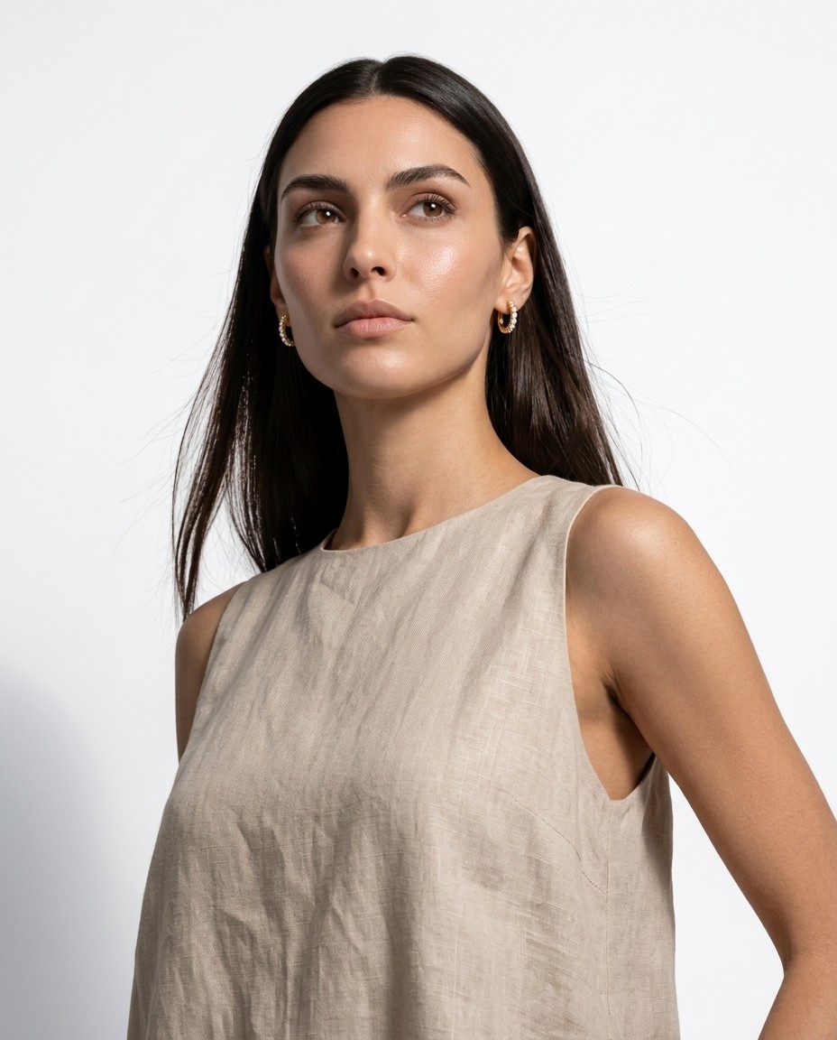 Tamar Buchnik AI model wearing gold earring, bright daylight minimal editorial, linen styling, Gemzy AI jewelry studio