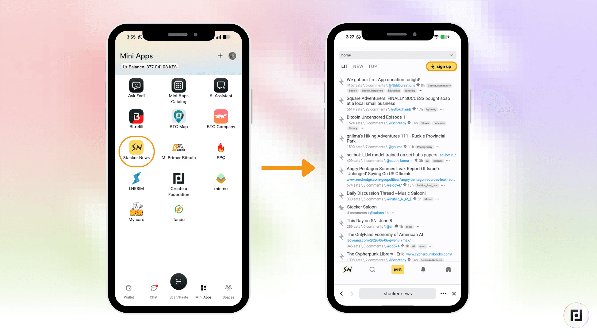 Fedi Mini Apps screen with Stacker News selected, and the Stacker News feed displaying posts with a Sign Up button
