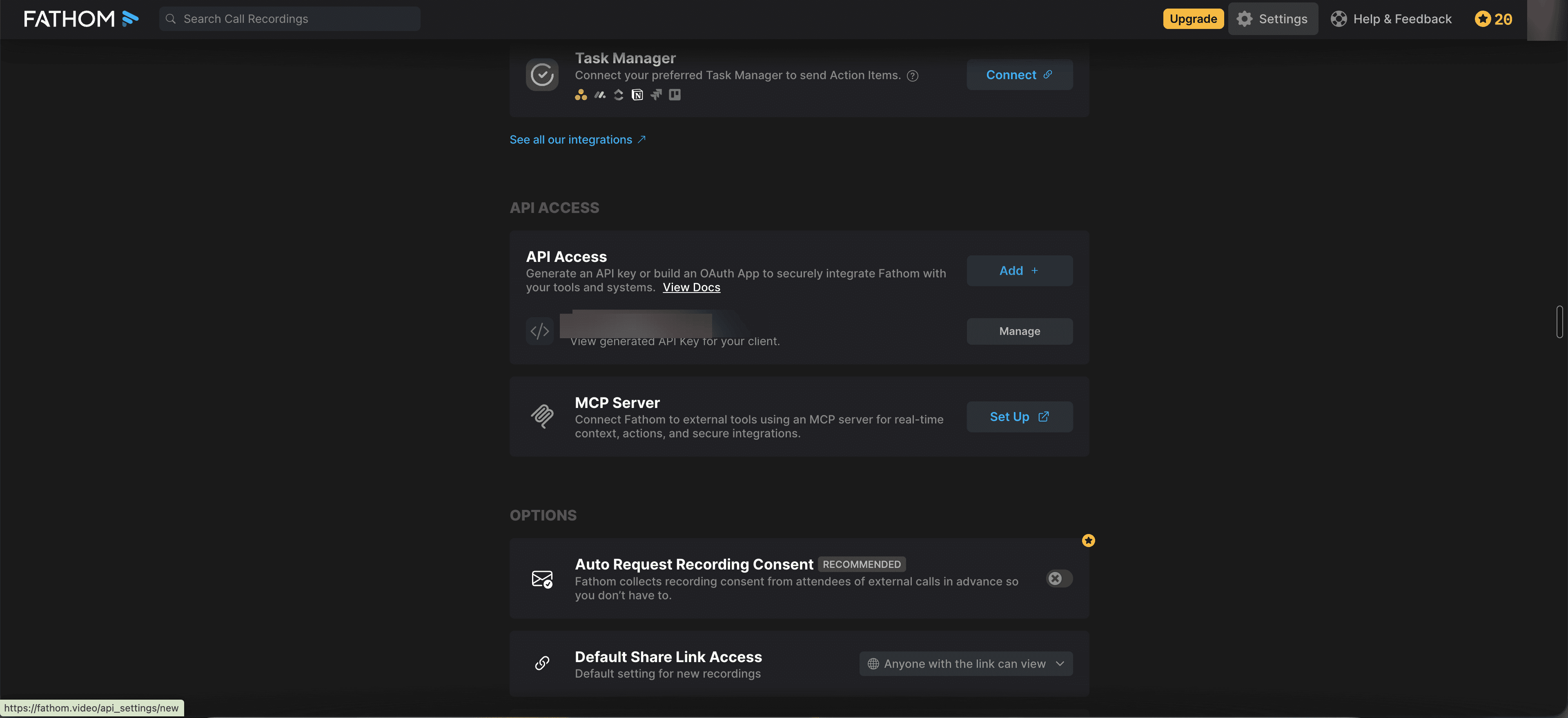 Fathom Settings with the API Access section