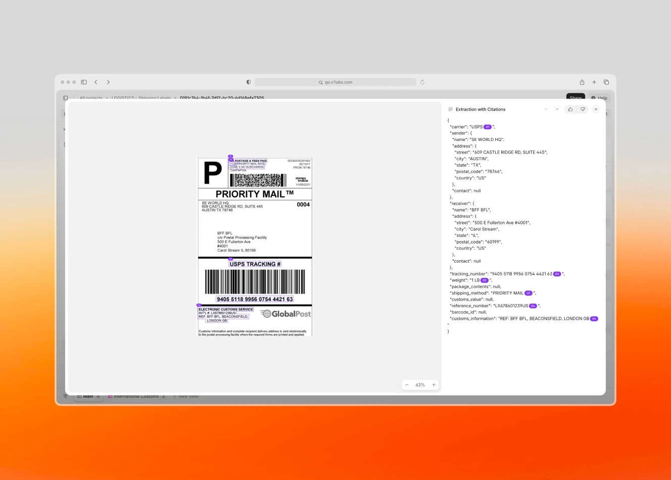 A digital shipping label processing system using AI to extract structured data. The left side shows a USPS Priority Mail shipping label, while the right panel displays extracted details such as sender, receiver, tracking number, and shipping method in a structured format.