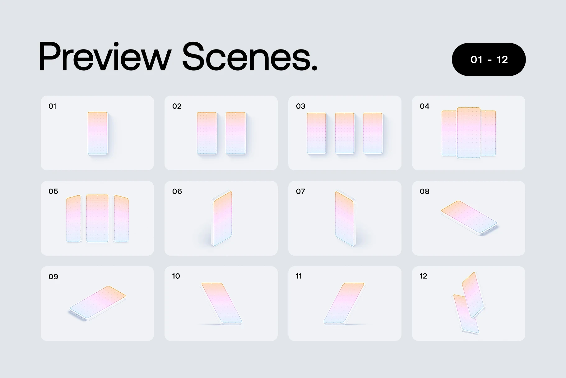 Gallery grid displaying preview scenes 01 to 12 of the customizable Samsung Galaxy S26 clay mockups.