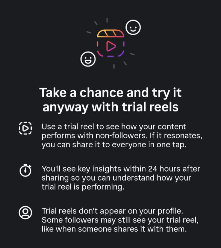 screenshot of Trial Reels introduction pop up from Instagram