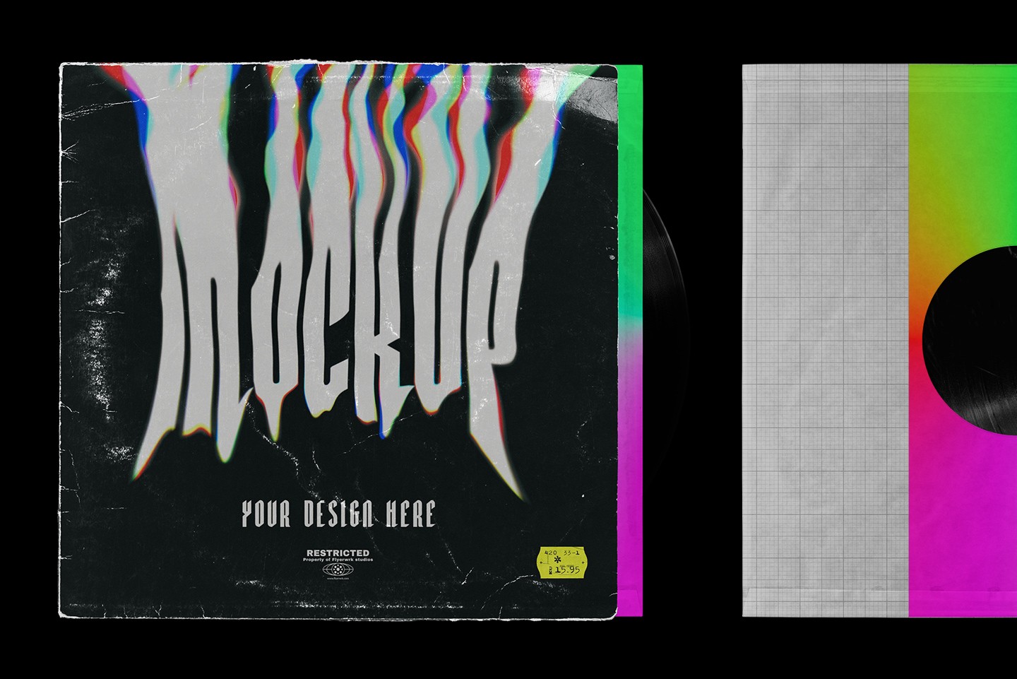 Vinyl record mockup with distorted album artwork preview and visible record sleeve