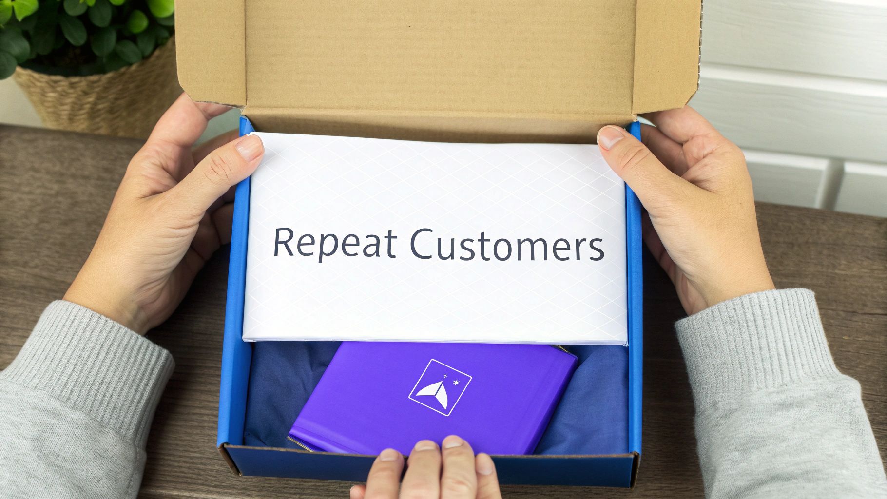 Hands opening a subscription box with 'Repeat Customers' message and a purple branded product inside.