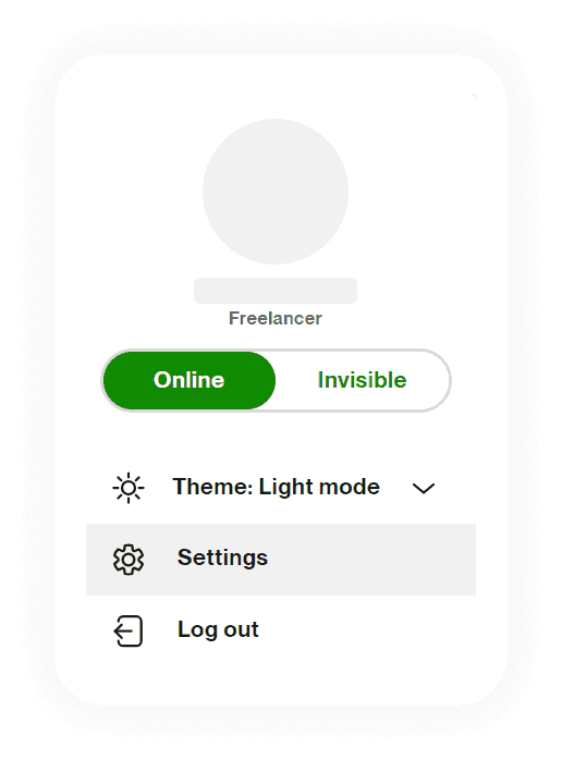 Upwork profile drop down menu leading to settings.