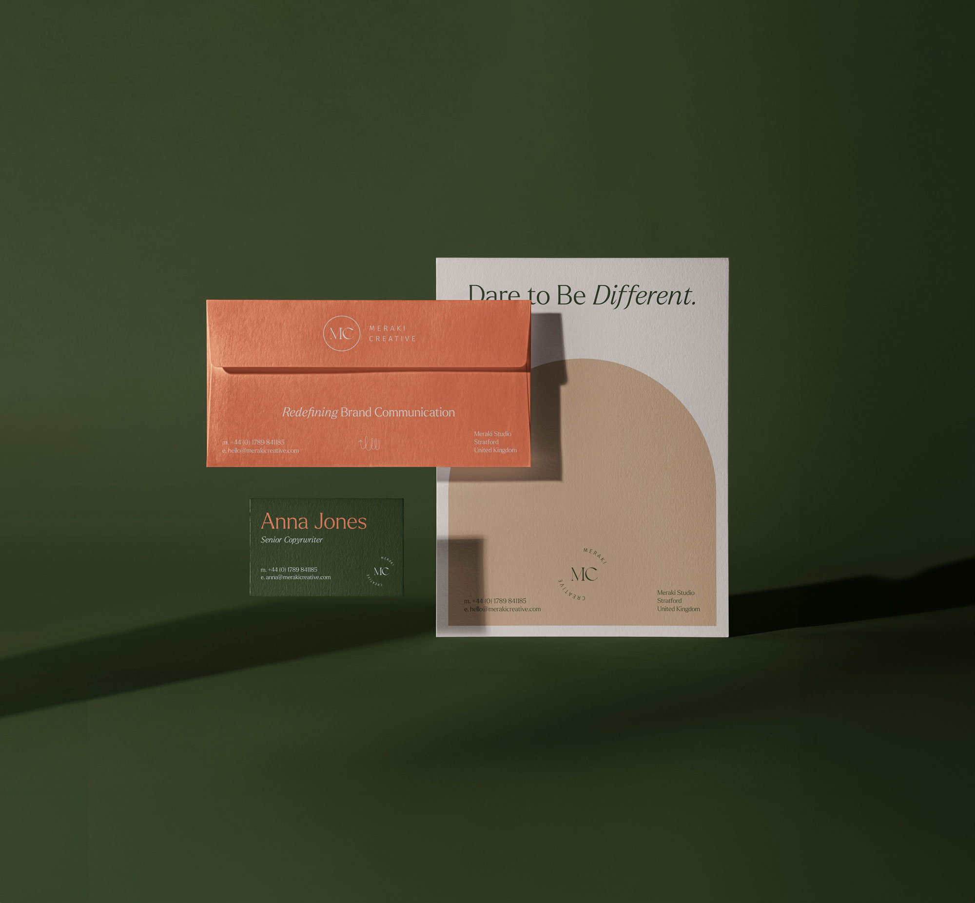 Brand identity applications for a creative copywriting agency showcasing stationery design, typography, visual storytelling and bold brand expression