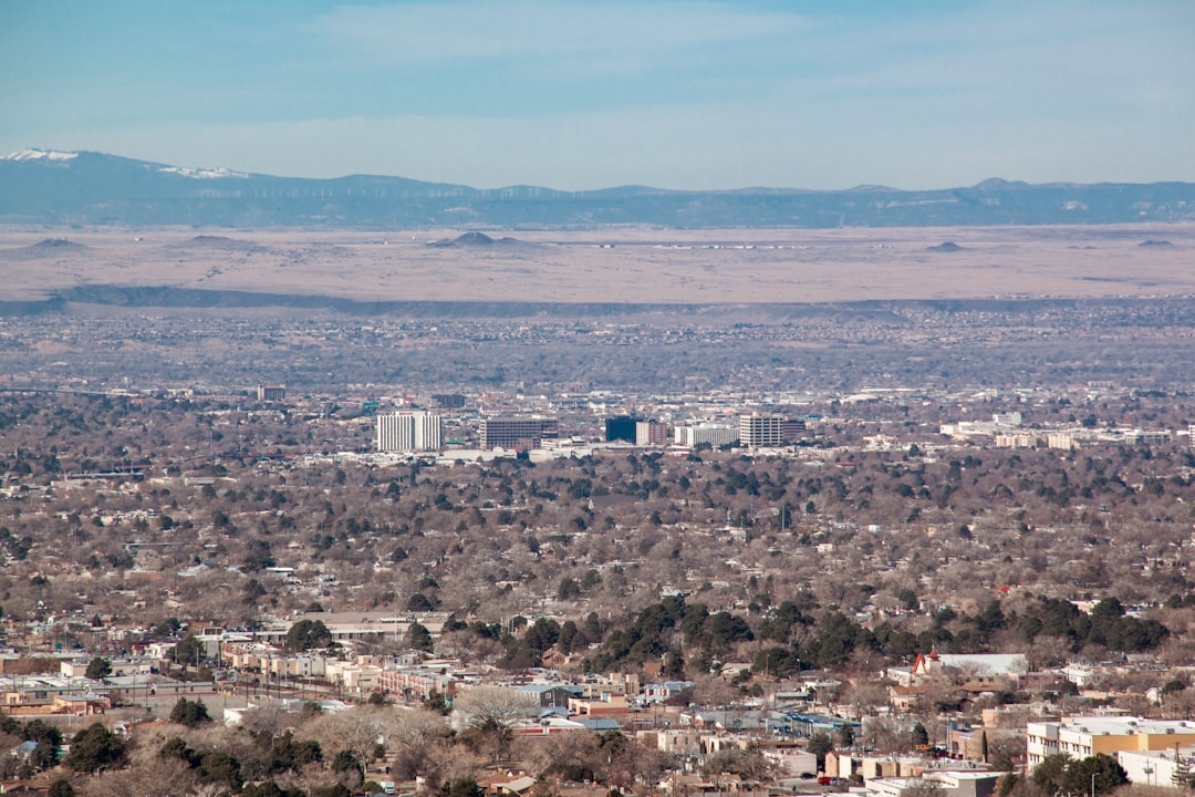 Sprawling low-rise city and desert terrain viewed from a hillside under a hazy sky.