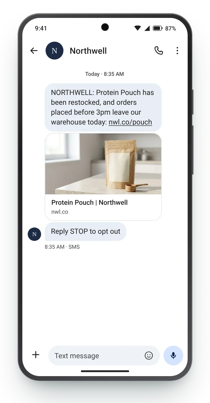 In stock and leaving today back in stock text on an Android phone