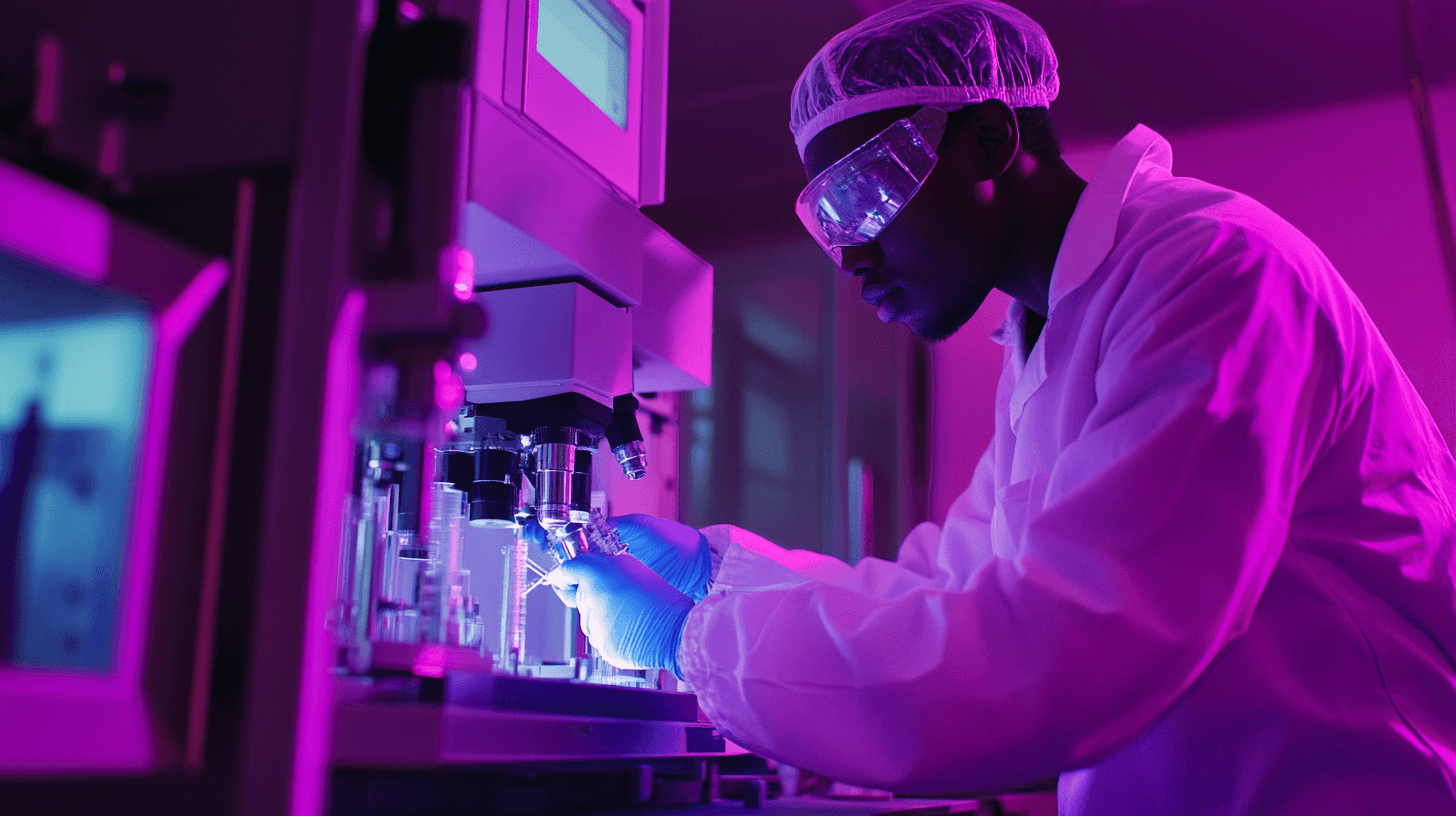 Technician operating advanced manufacturing equipment, dark purple theme