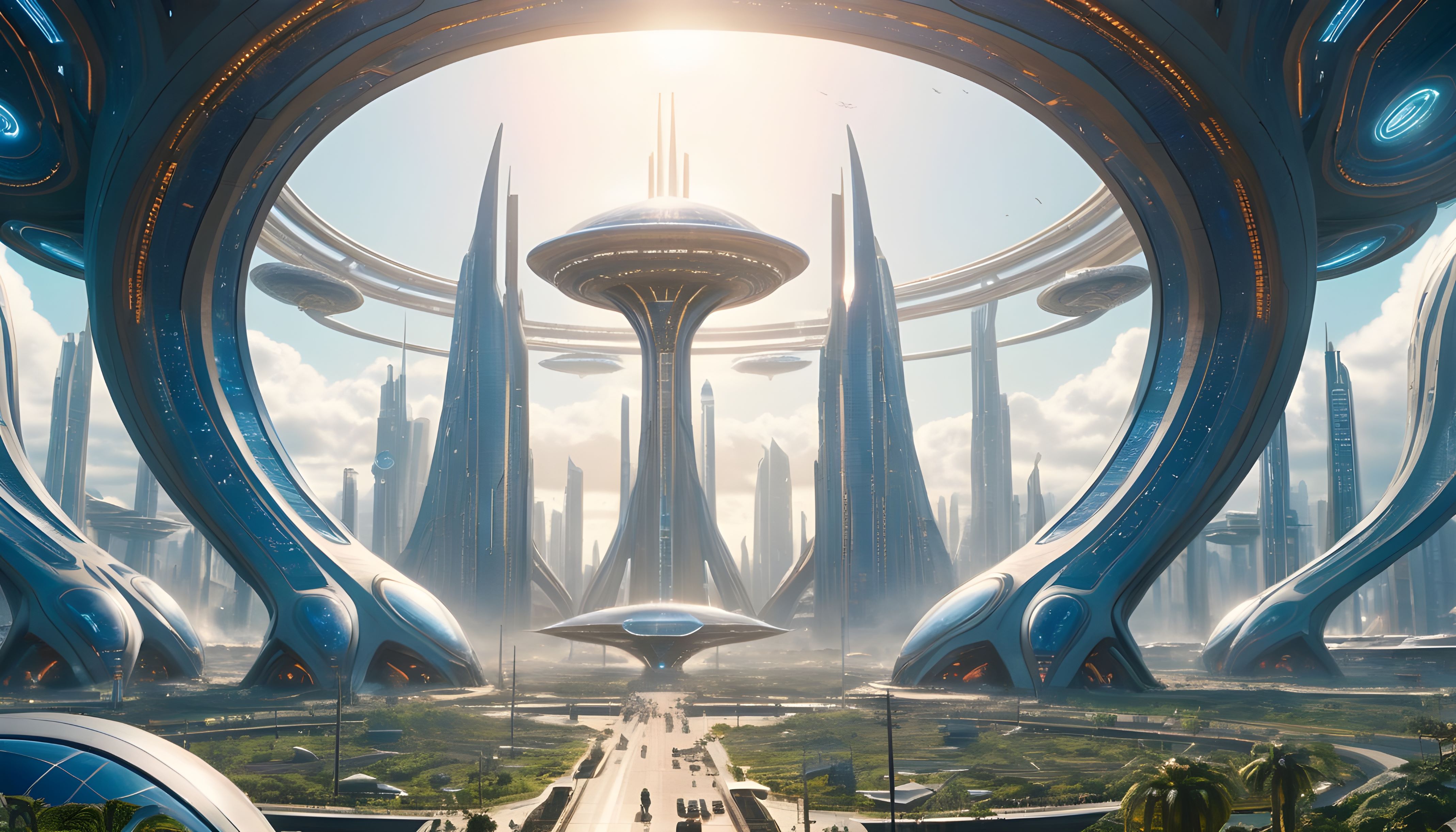 Panoramic image of a futuristic city, with a tall grand tower in the centre of the view