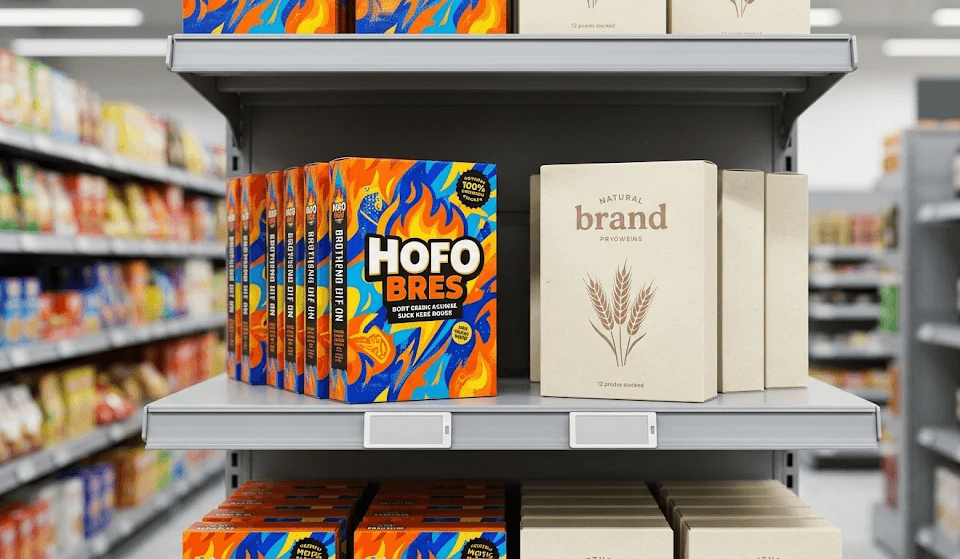 Close-up of retail shelf packaging showing a bold, colorful product box beside a minimal neutral package, illustrating how visual contrast and brand presentation shape first impressions at the point of purchase.