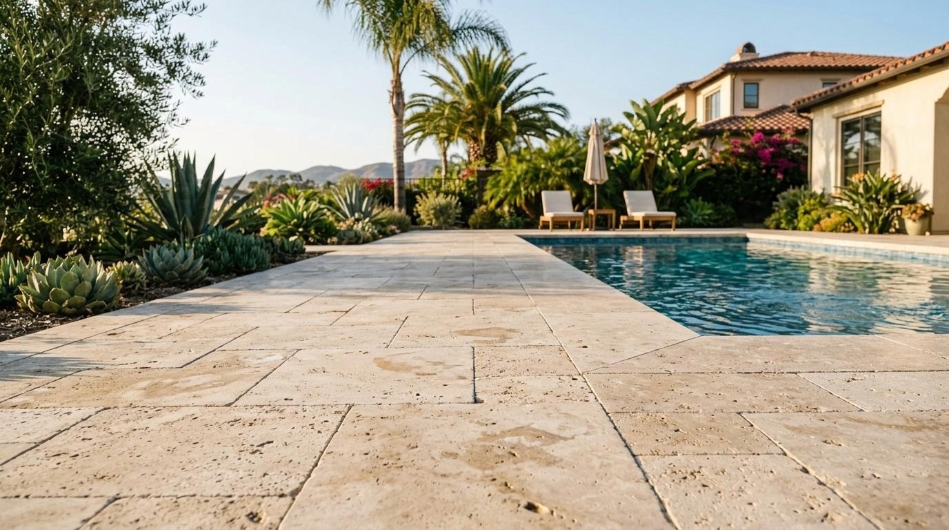 Outdoor travertine pool deck in San Diego after summer use