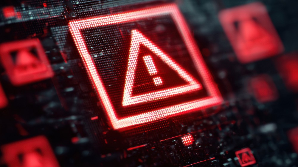 Red digital warning symbol glowing on a circuit board interface, representing active ransomware exploitation of the VMware ESXi CVE 2025 22225 vulnerability and hypervisor compromise.
