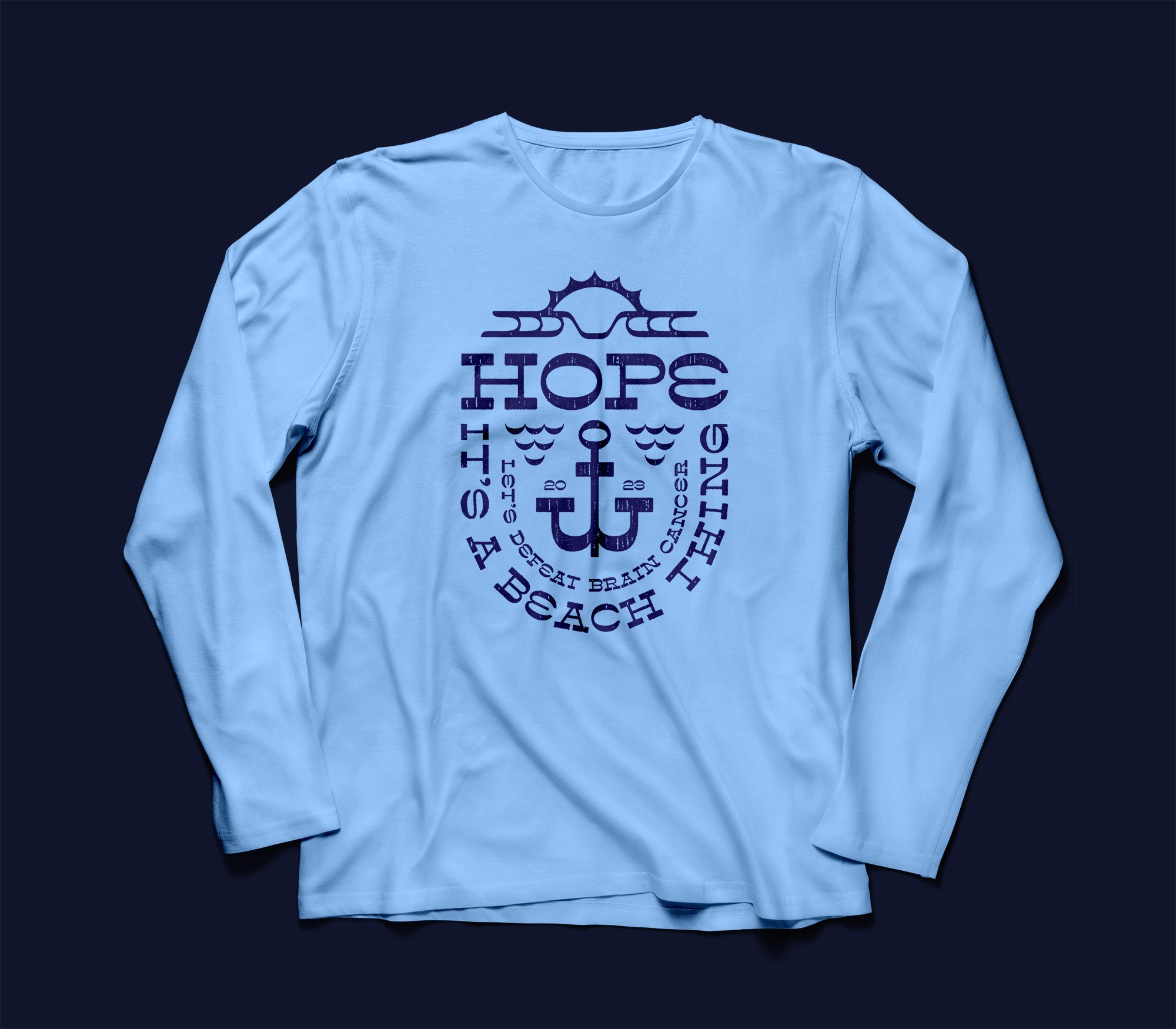 Light blue long sleeve technical shirt with 'HOPE IT'S A BEACH THING' graphic screen printed in navy blue on the front of the shirt.