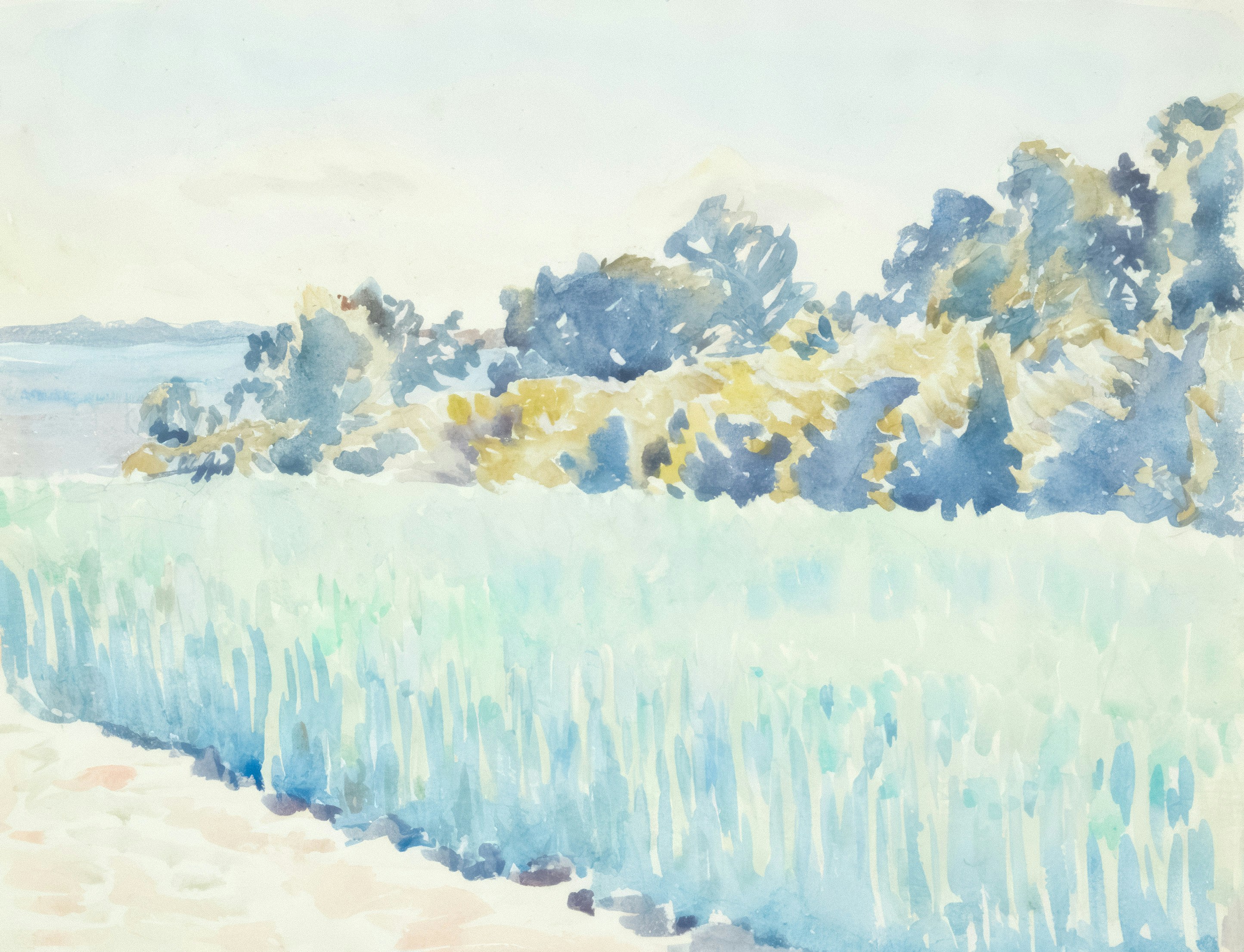A watercolor depicts a bright landscape.