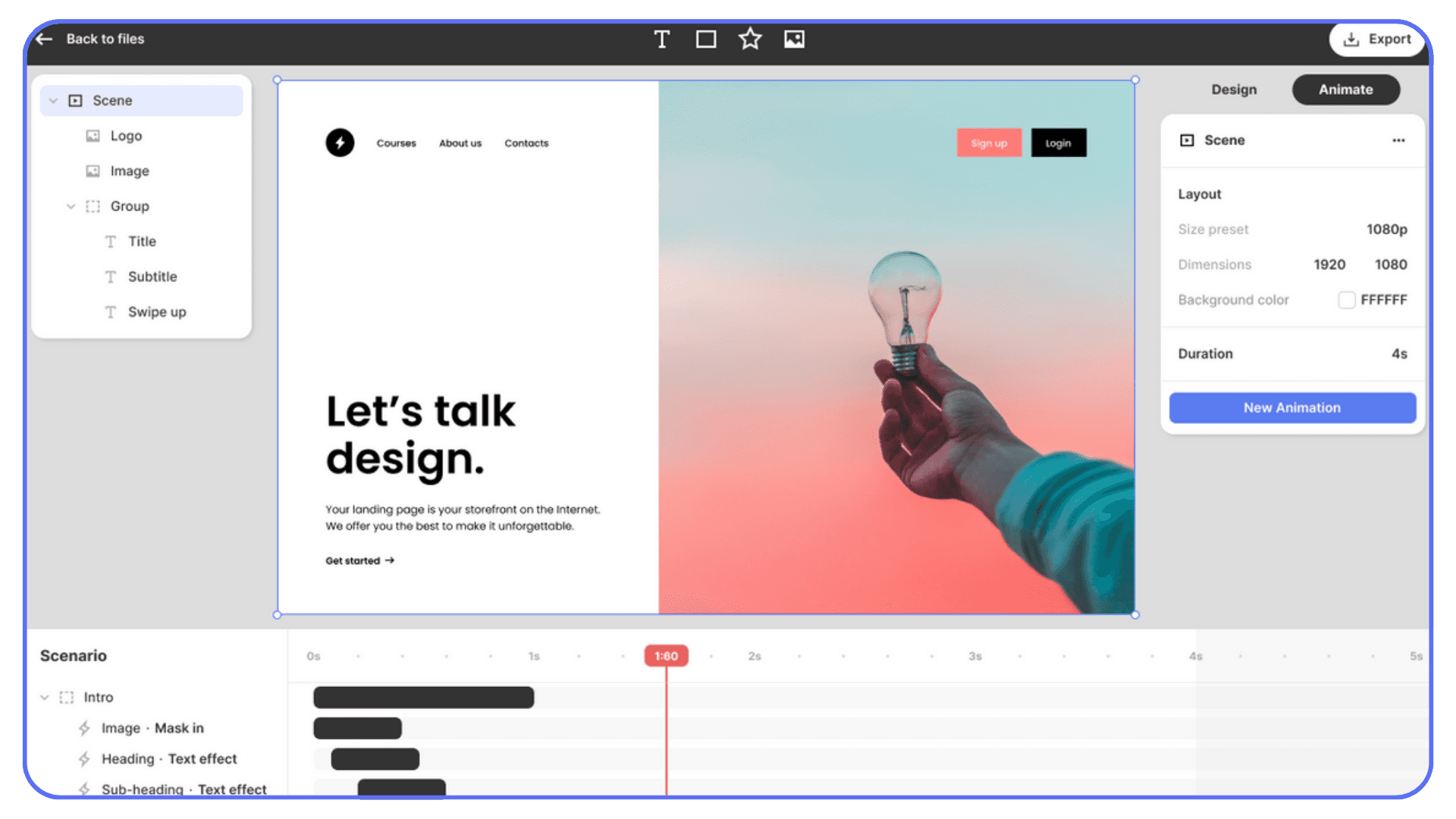 Jitter browser-based motion design tool showing animated text and layout timeline