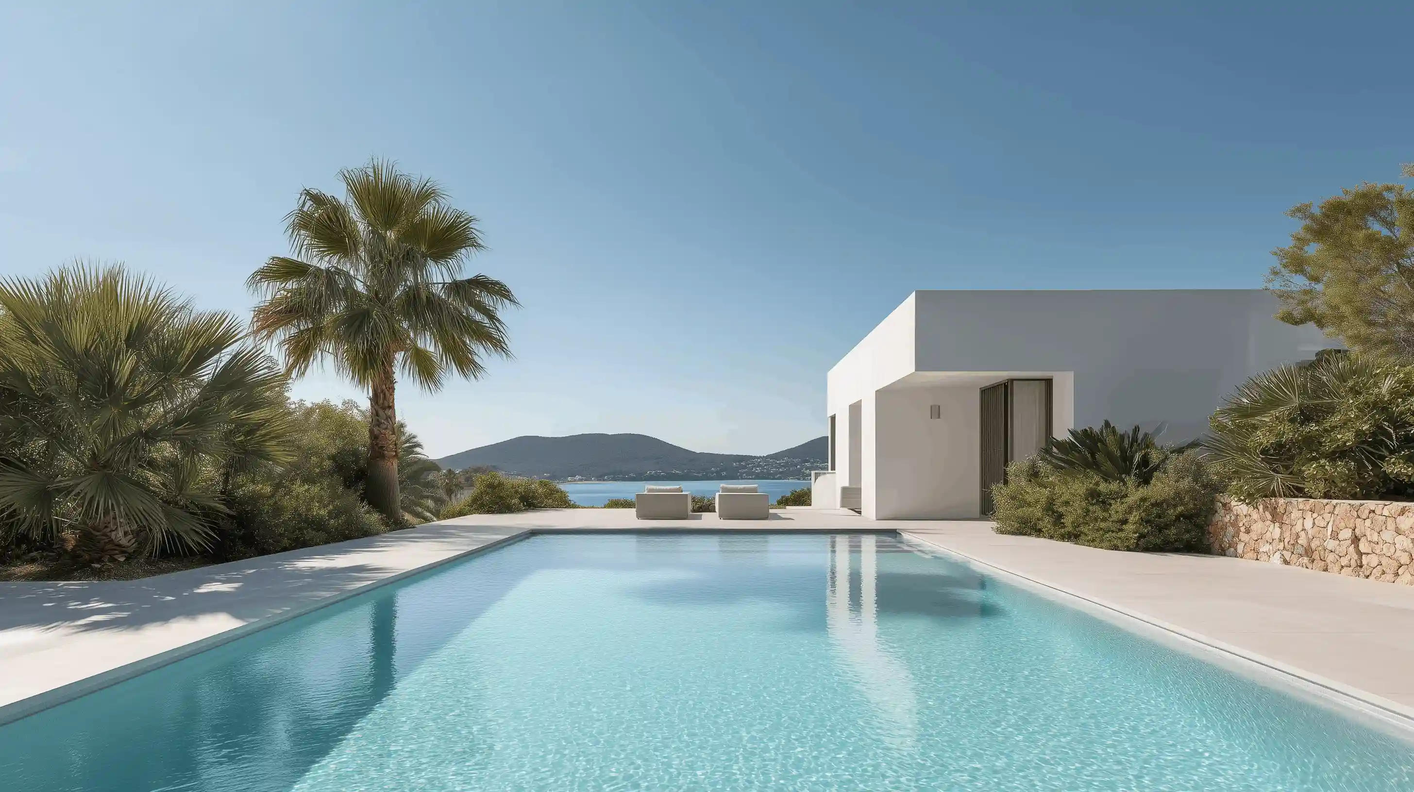 Minimalist white villa with a rectangular swimming pool, palm trees, and a view of distant mountains across the water.