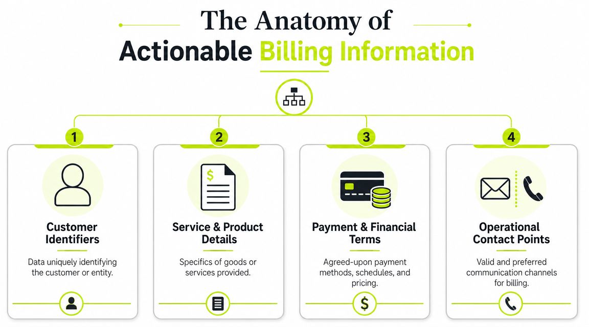 A diagram illustrating the four key components of actionable billing information for businesses and customers.