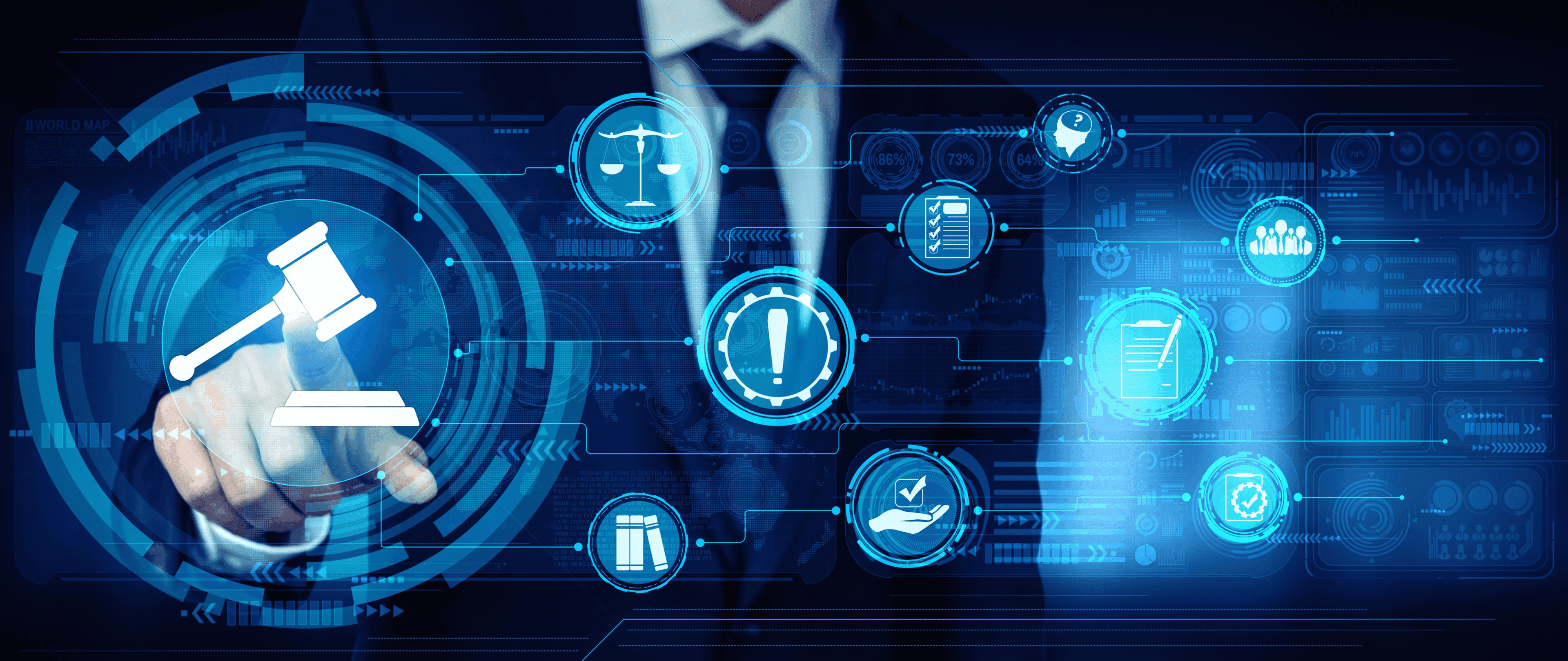 Business professional interacting with digital regulatory icons and a glowing gavel symbol, representing FCA sanctions screening and the role of strong management information in achieving proactive compliance.